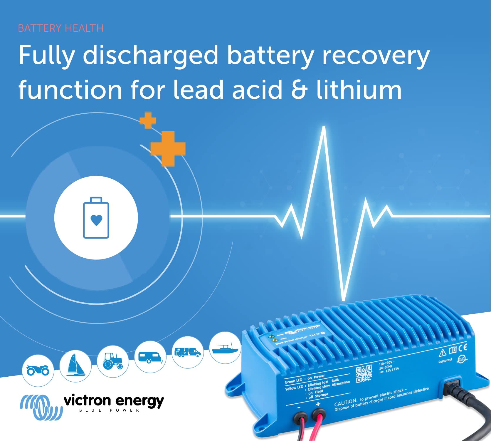 Victron Energy Blue Smart IP67 12V 13A Marine Battery Charger - Waterproof Smart Charger with Float & Trickle Mode for Boats, RVs, ATVs - Lithium & Deep Cycle Battery Maintainer & Desulfator - Perfect for Marine, Camping & Off-Grid Power Systems