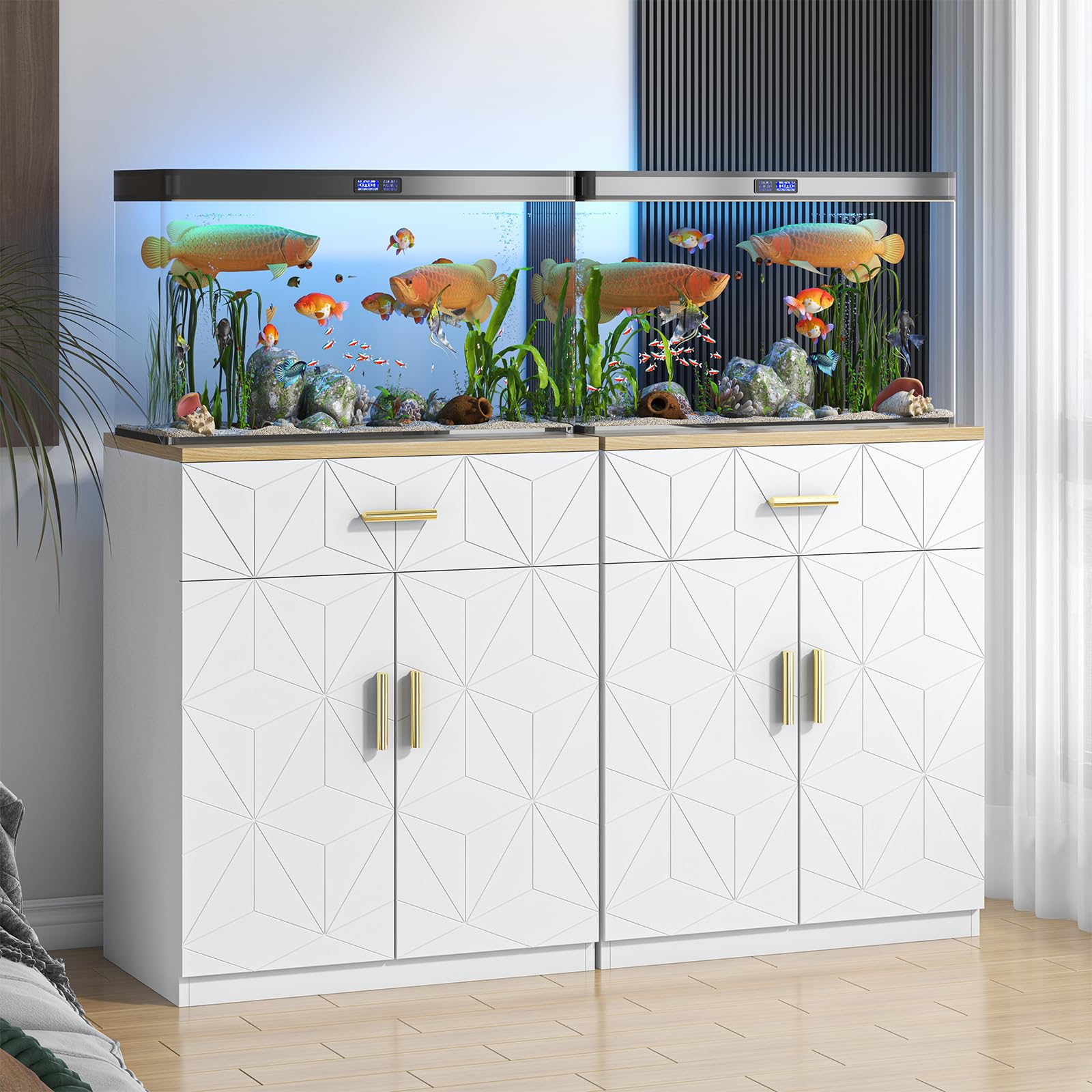 20 Gallon Fish Tank Stand with Charging Station & Storage - White Aquarium Cabinet with Drawer - Sturdy 10 Gallon Tank Table for Living Room, Bedroom or Office Decor