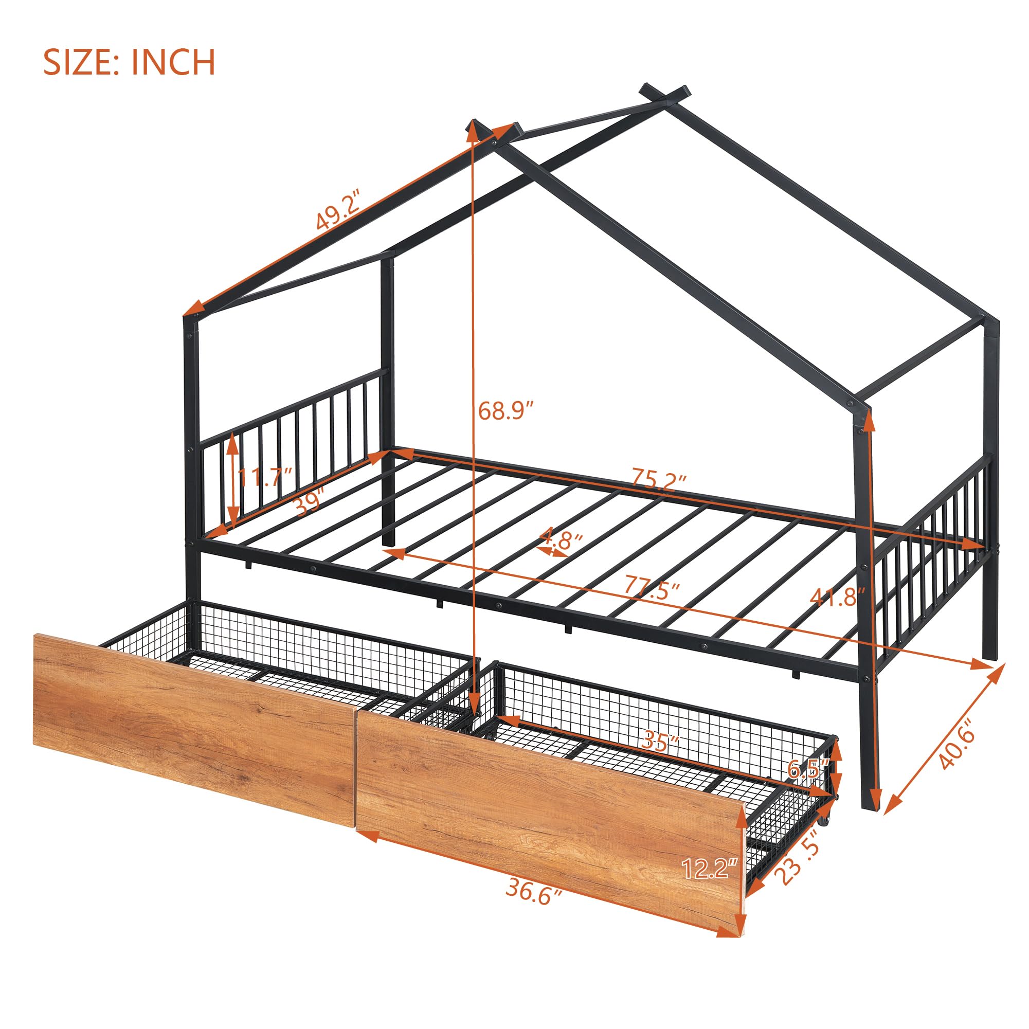 Merax Twin Size Metal Floor House Bed Frame with 2 Drawers - Sturdy Kids Bed for Boys & Girls Bedroom, Playroom or Dorm Room