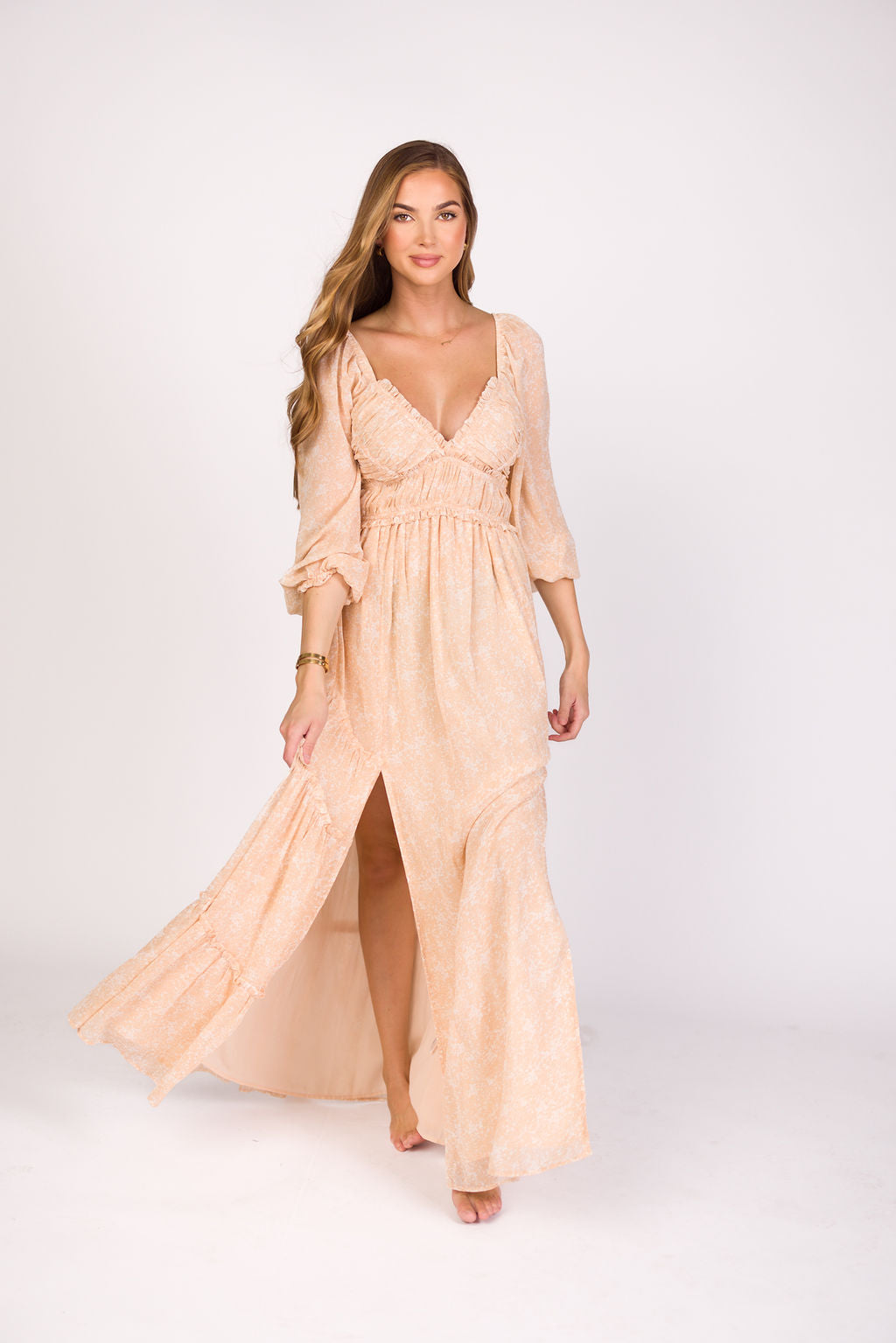 Daphne Long Sleeve Maxi Dress - Light Beige/White Floral Print | Bump Friendly Maternity & Inclusive Sizing (XS-3XL) | Perfect for Pregnancy, Weddings & Special Occasions