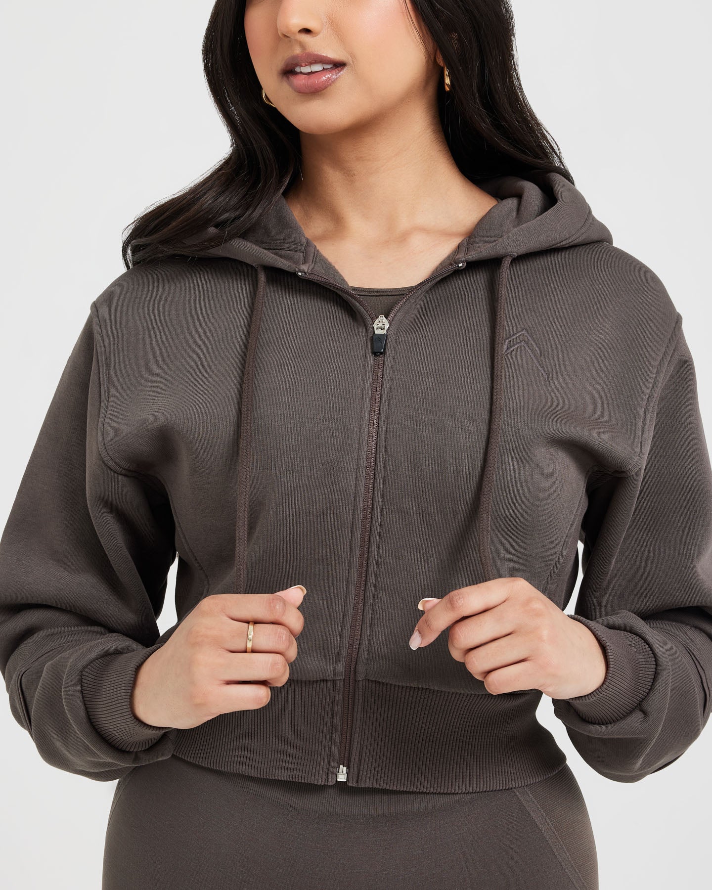 Classic Lounge Cropped Zip-Up Hoodie for Women - Soft Fleece Pullover with Front Pockets | Deep Taupe | Perfect for Casual Wear, Gym, and Outdoor Activities