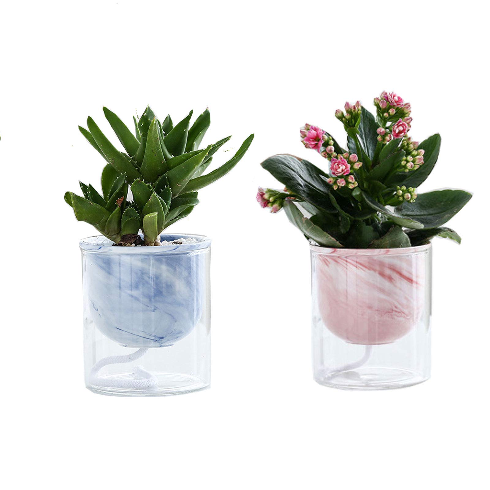 2 Sets Glass Self-Watering Planters - Indoor Self-Absorbing Flower Pots with Water Reservoir for Succulents, Herbs & Houseplants | Perfect for Home Decor, Office Desk & Garden Decorations