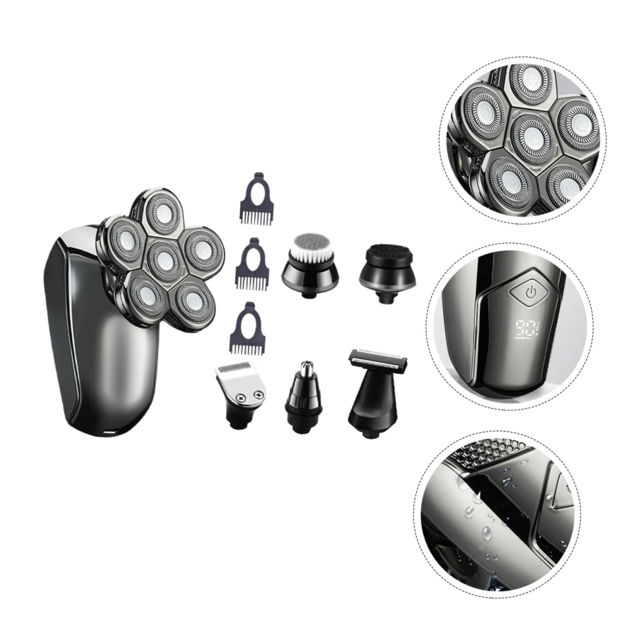IPetBoom 6-in-1 Electric Shaver for Men - Nose & Beard Trimmer, Body Groomer, Waterproof Razor with 6 Heads, Silver ABS Design - Perfect for Travel, Gym & Daily Grooming