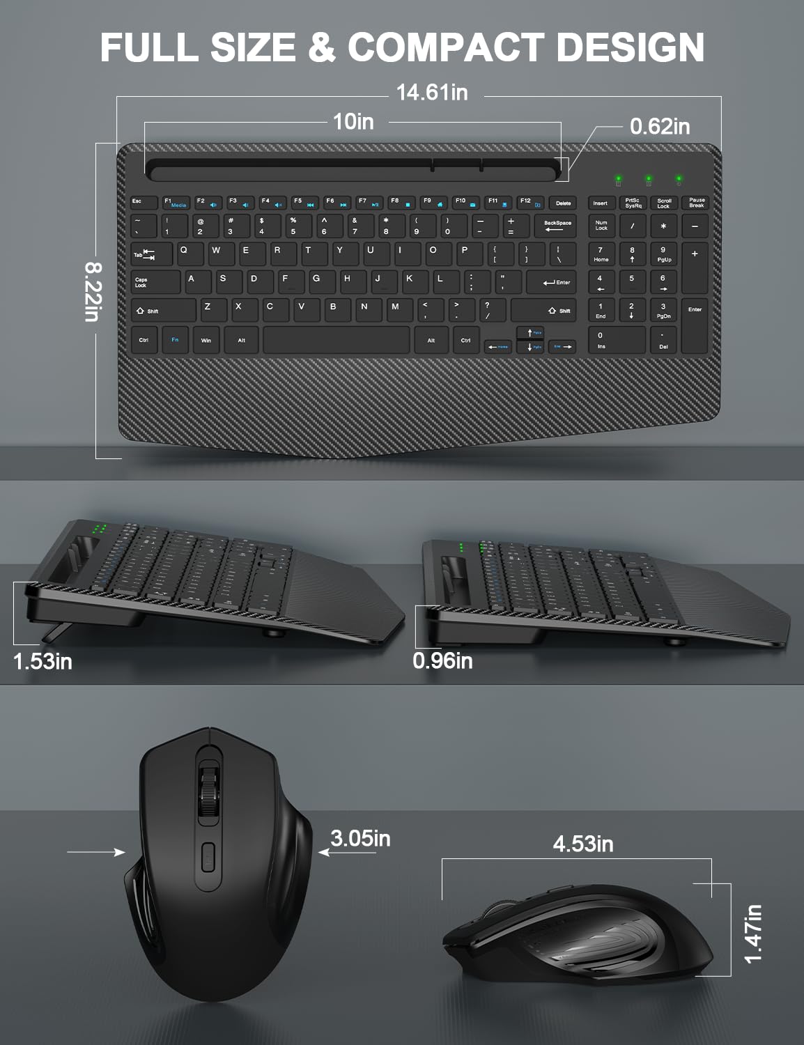 Ergonomic Wireless Keyboard and Mouse Combo with Wrist Rest - 2.4G Rechargeable Silent Cordless Set for Windows Mac PC Laptop - Includes Phone Holder & Sleep Mode (Black) | Perfect for Home Office, Gaming, and Remote Work