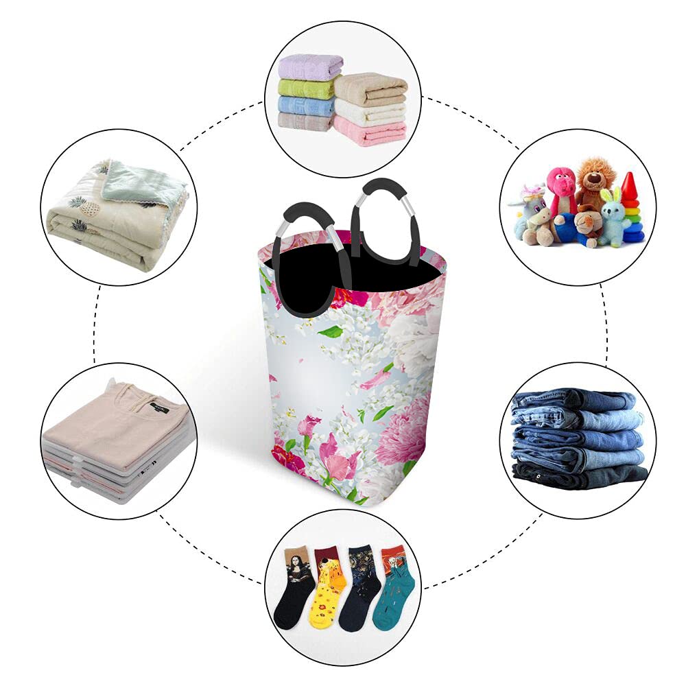 Floral Print Laundry Hamper Basket with Handles - Woven Clothes Organizer for Bedroom, Nursery, or Playroom | Perfect for Toys, Blankets & Clothing Storage | Chrysanthemum Iris Hydrangea Peony Apple Blossom Design