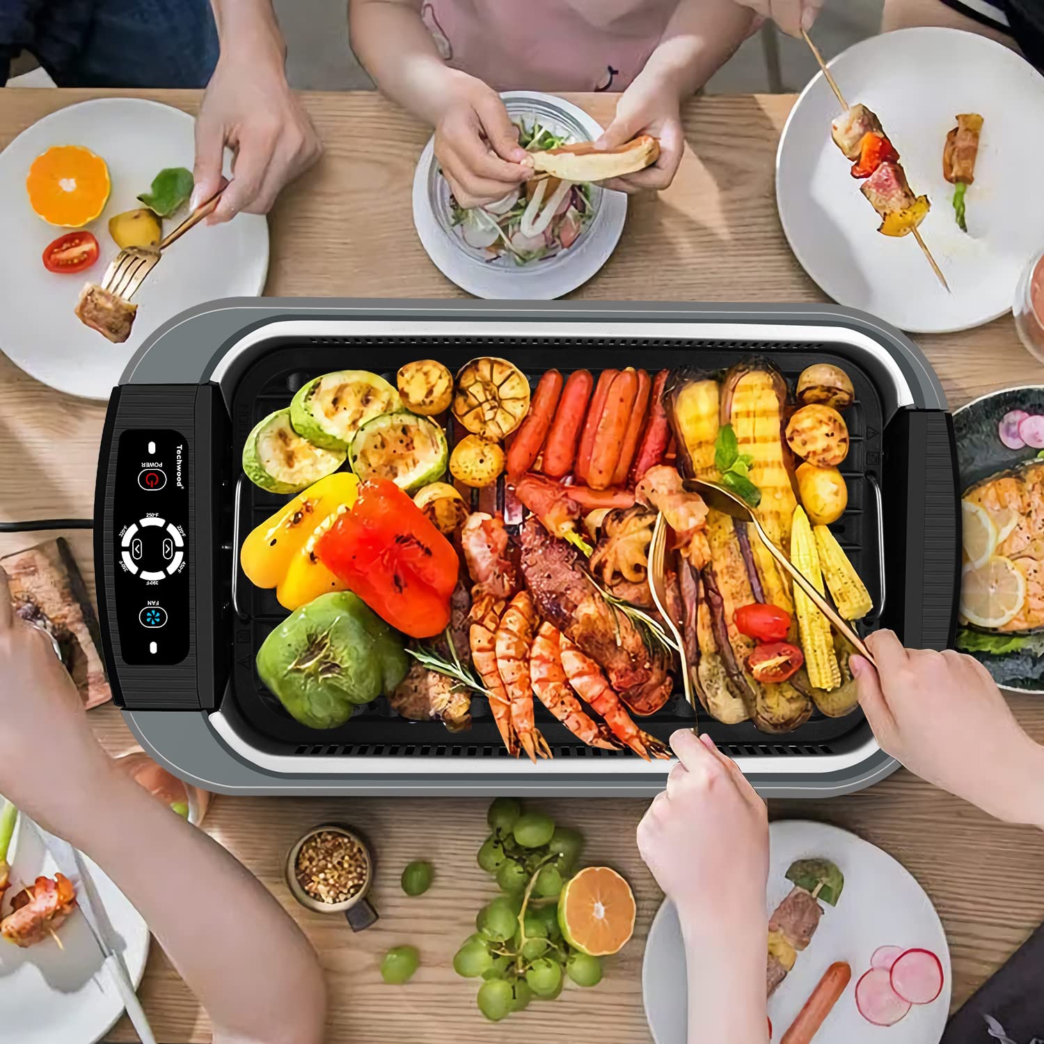 Techwood 1500W Electric Smokeless Indoor Grill - Korean BBQ Tabletop Grill with Tempered Glass Lid, Removable Grill & Griddle Plates, Drip Tray - Perfect for Home Cooking, Family Gatherings & Healthy Meals (Gray)