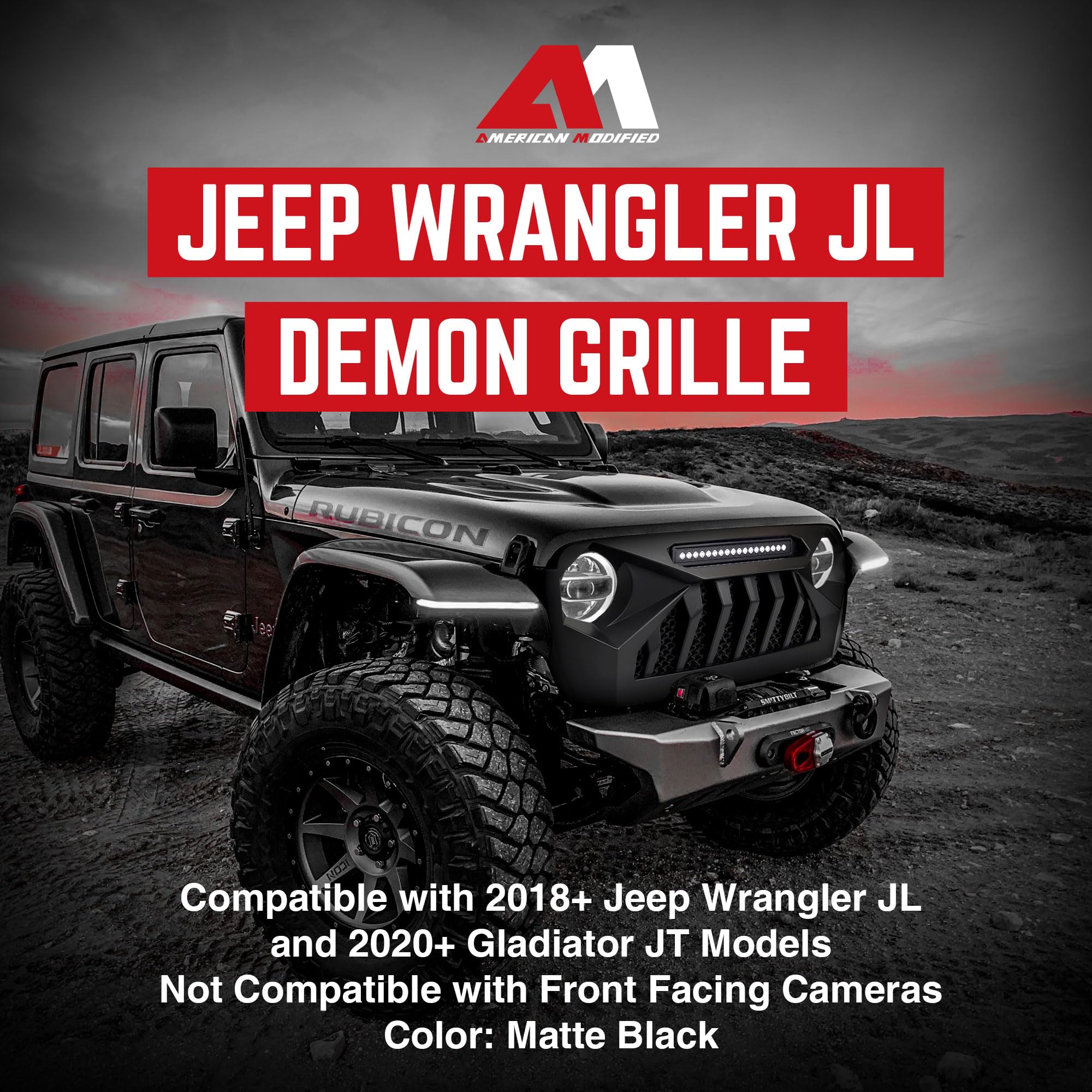 2018-2021 Jeep Wrangler JL & Gladiator JT LED Demon Grille - Matte Black Off-Road Grill with Lights (Non-Trailcam) | Upgrade for Truck & SUV Off-Roading Adventures