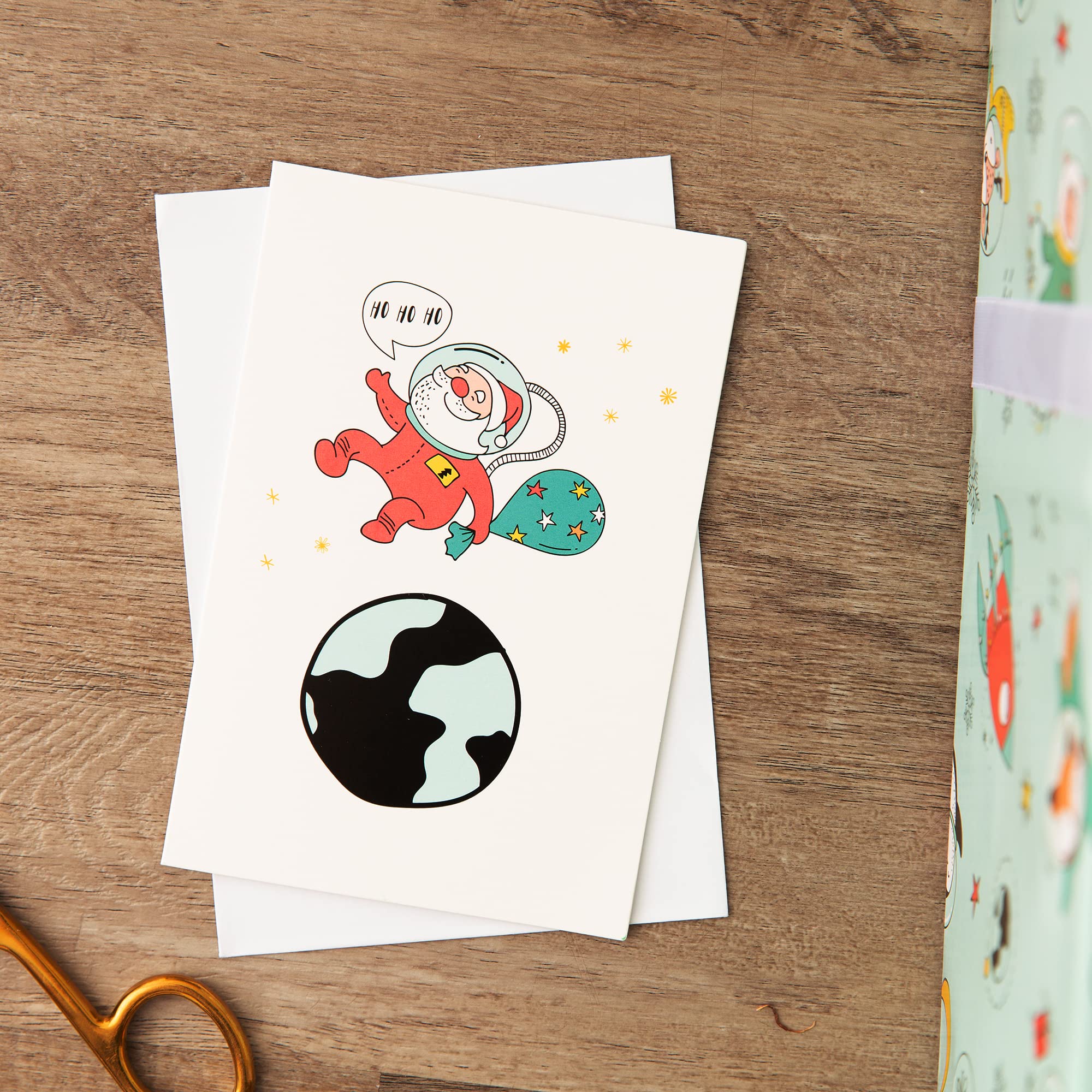 Santa in Space Christmas Wrapping Paper Set - 30x20 Inch Premium Holiday Gift Wrapping Sheets with Matching Cards & Envelopes | Festive Xmas Present Packaging for Secret Santa, Office Gifts & Family Holiday Celebrations