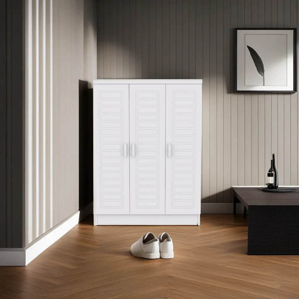 Iota White 3-Door Shoe Cabinet - Organize & Store Shoes, Boots & Accessories - Perfect for Entryway, Closet & Mudroom Storage