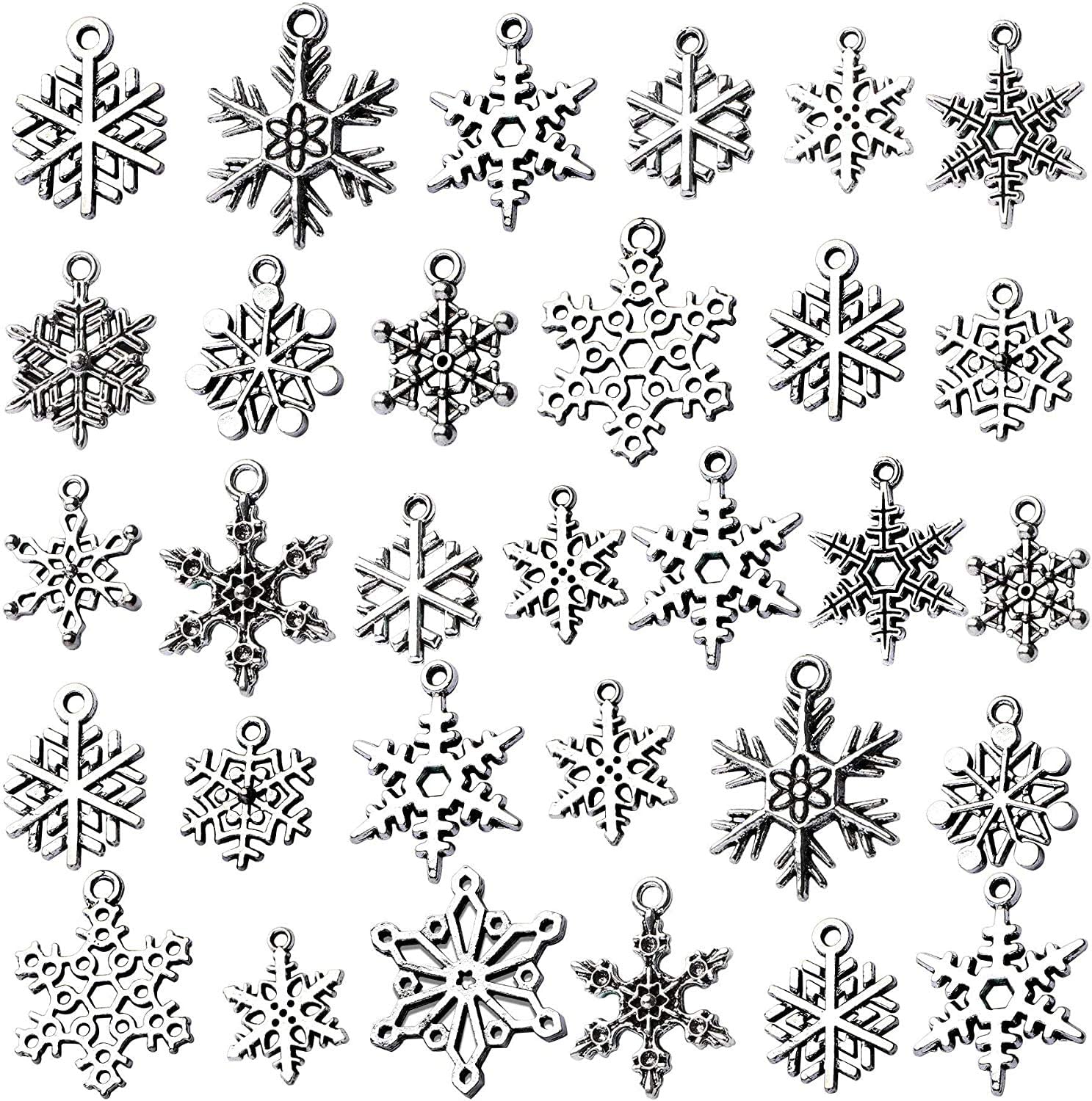 SANNIX 140pcs Snowflake Silver Charms - Christmas Snowflake Pendants for DIY Jewelry Making, Necklace & Bracelet Crafting - Antique Silver Charms in 14 Styles - Perfect for Holiday Gifts, Christmas Decorations & Winter-Themed DIY Projects