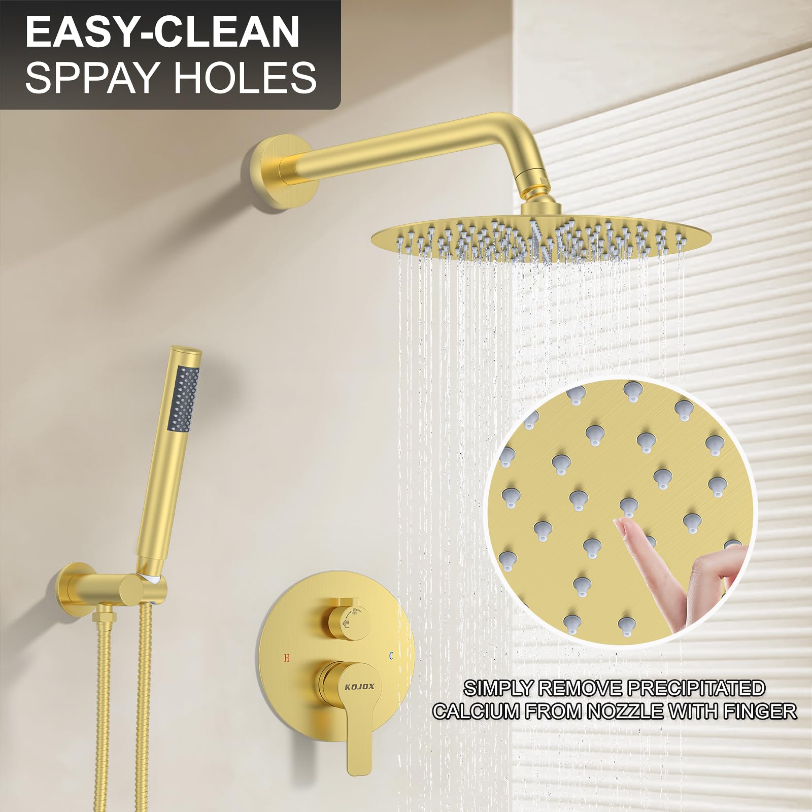 10 Inch Brushed Gold Shower System - High Pressure Rain Shower Head & Handheld Shower Combo with Wall Mounted Mixer Faucet, Rough-in Valve & Trim Kit | Luxury Bathroom Upgrade for Spa-Like Experience