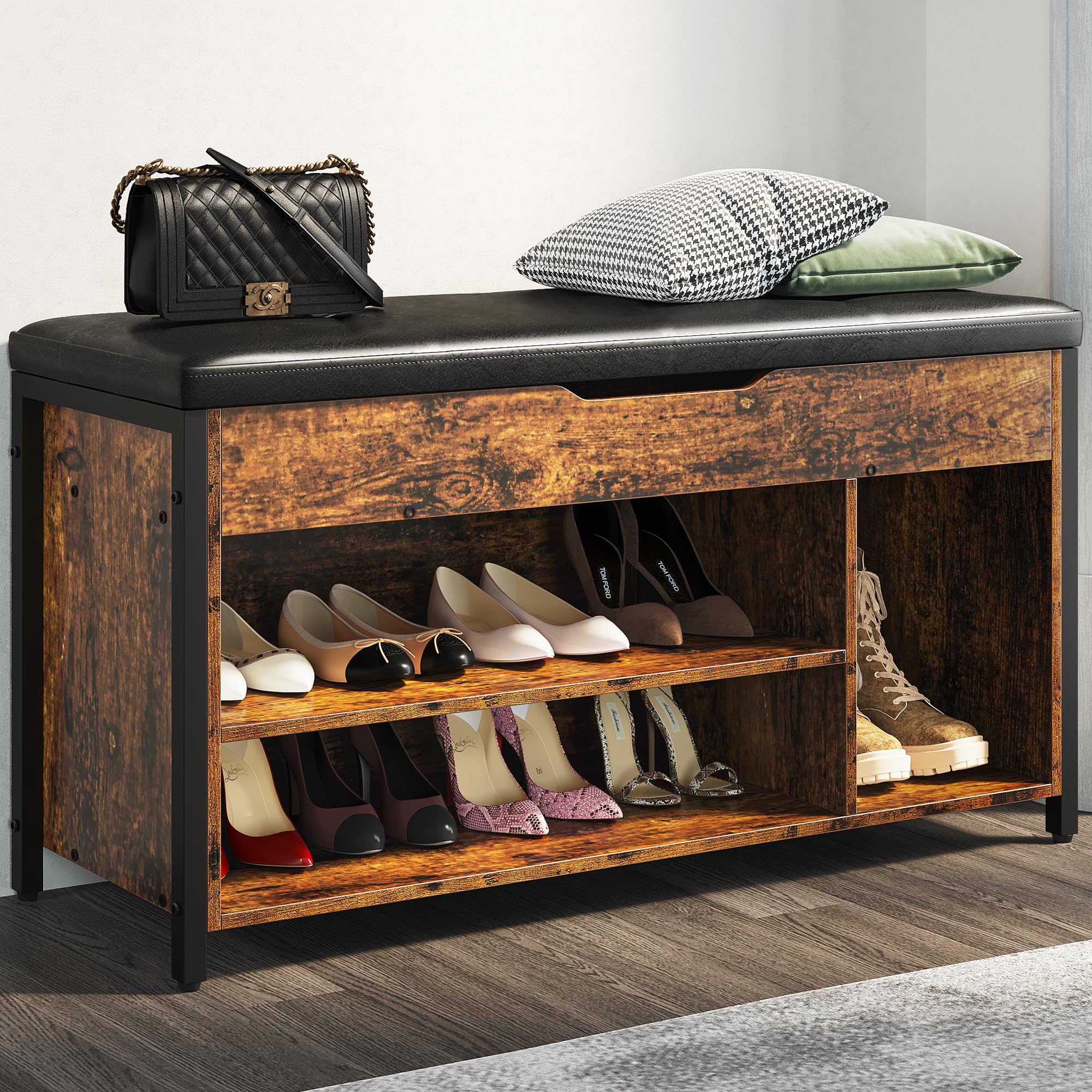 Multi-Functional Shoe Storage Bench with Lift Top & Adjustable Shelf - 35.5