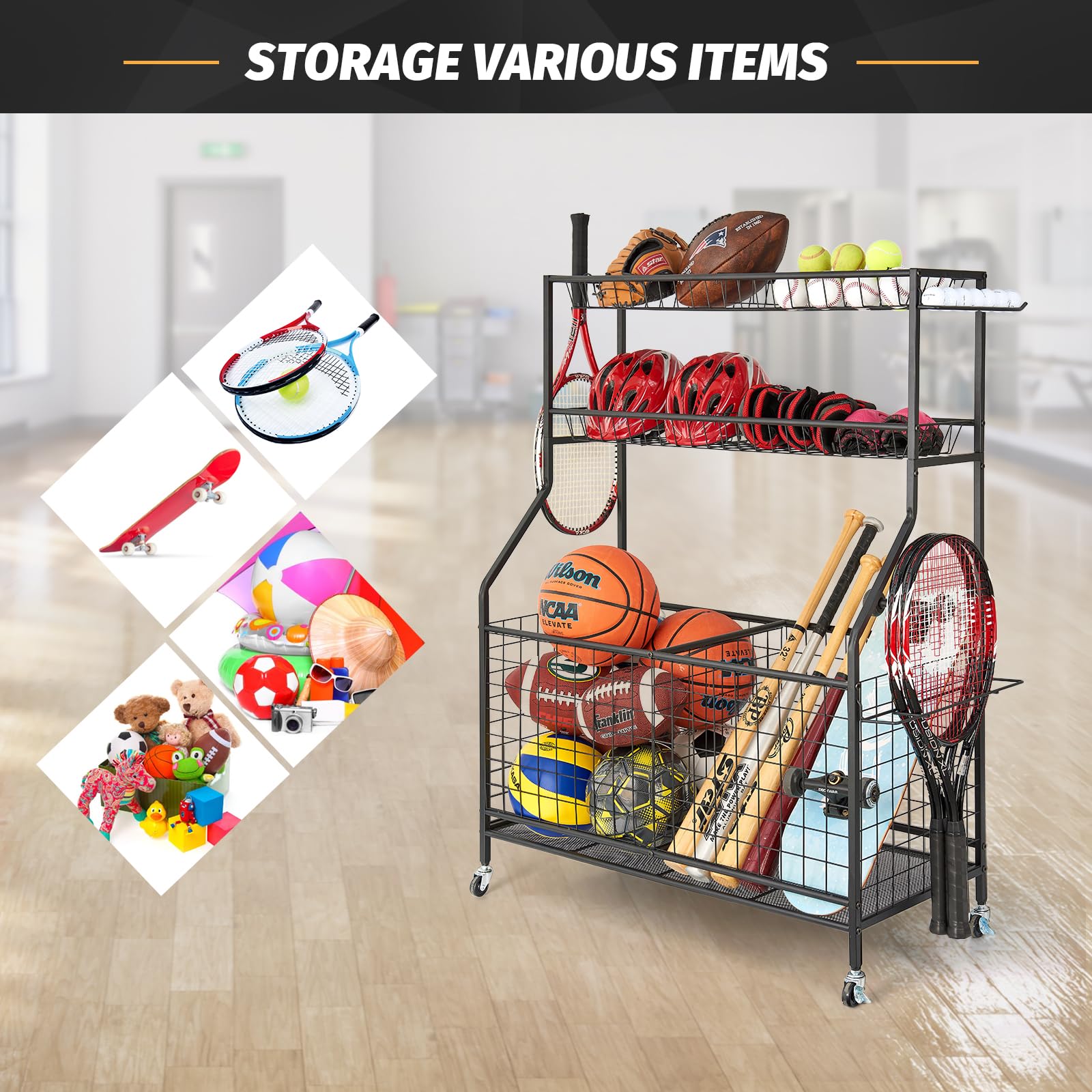 TNINE Sports Equipment Storage Cart - Rolling Garage Organizer for Basketballs, Baseball Bats, Footballs & Tennis Rackets | Indoor & Outdoor Toy Organizer with Wheels | Perfect for Garage, Playroom & Backyard Sports Gear Storage