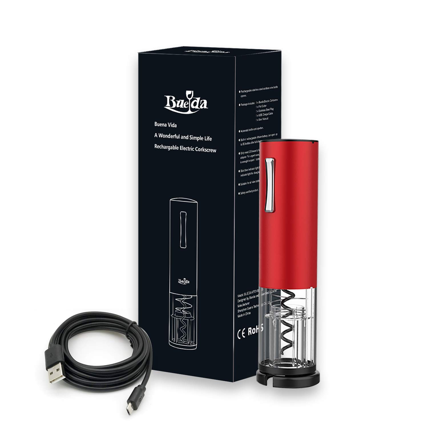 Premium Electric Wine Opener - Automatic Cordless Corkscrew with Foil Cutter & Rechargeable Battery - Stainless Steel Professional Bottle Opener Set (Red) - Perfect for Dinner Parties, Gifts & Home Bars