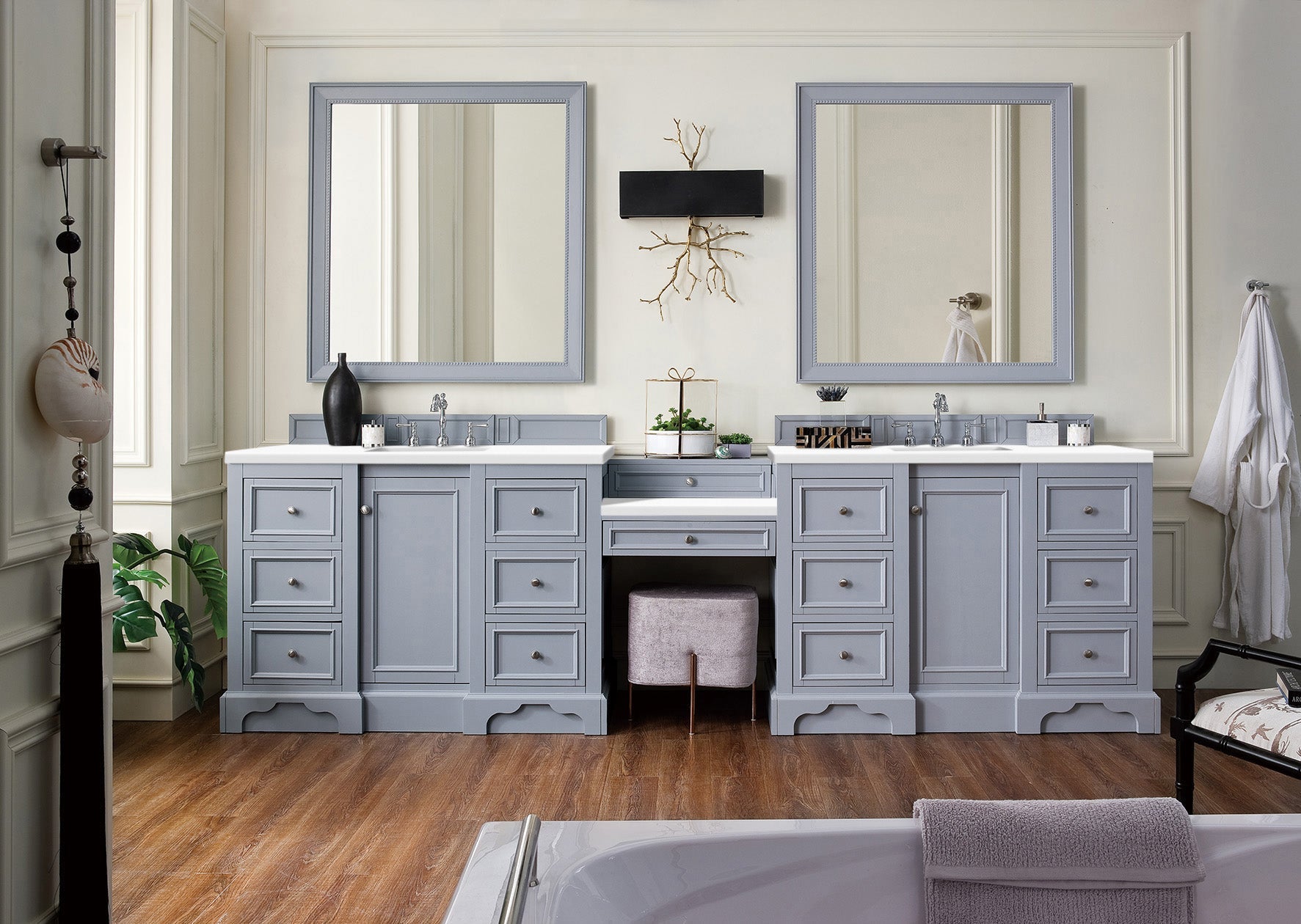 De Soto 118 Double Vanity Set with Makeup Table - Silver Gray Finish & 3CM Classic White Quartz Top | Elegant Bathroom Vanity for Master Suite, Guest Bathroom or Dressing Room Makeover