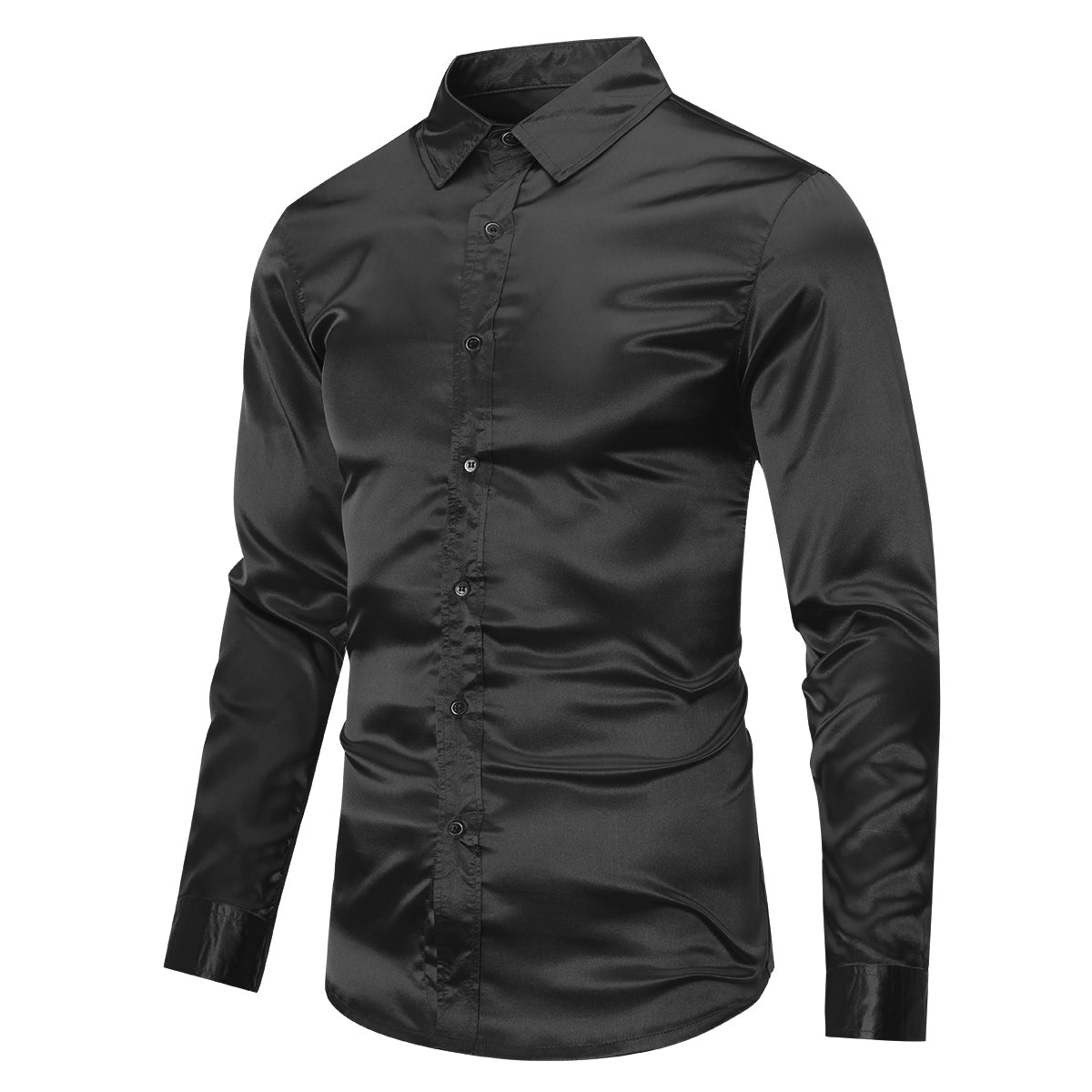 Stylish Men's Shiny Long Sleeve Lapel Dress Shirt - Black Formal & Casual Button Down Shirt for Office, Party & Date Night Outfits