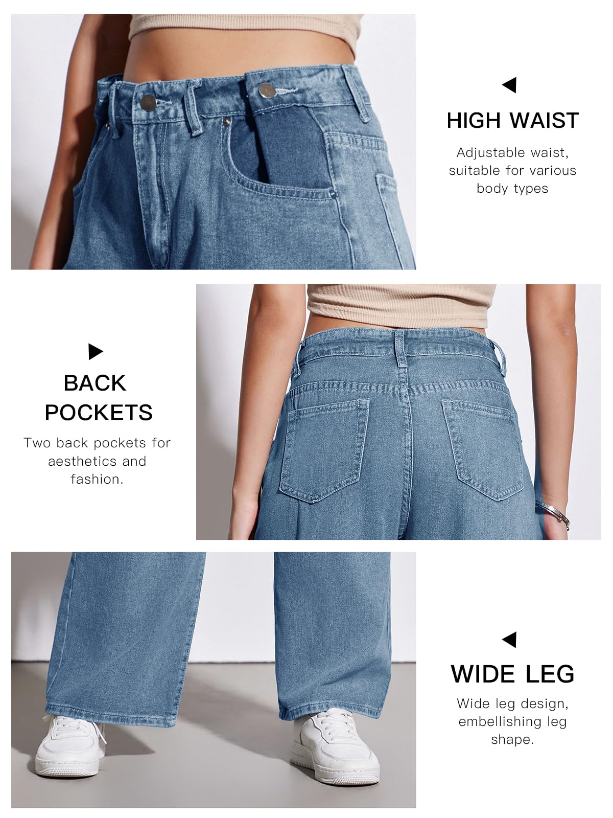 PLNOTME Women's Baggy Boyfriend Jeans - High Waisted Wide Leg Denim Pants with Pockets, Distressed Patchwork Design | Casual Streetwear, Weekend Outfits, Fashion Staple for Women