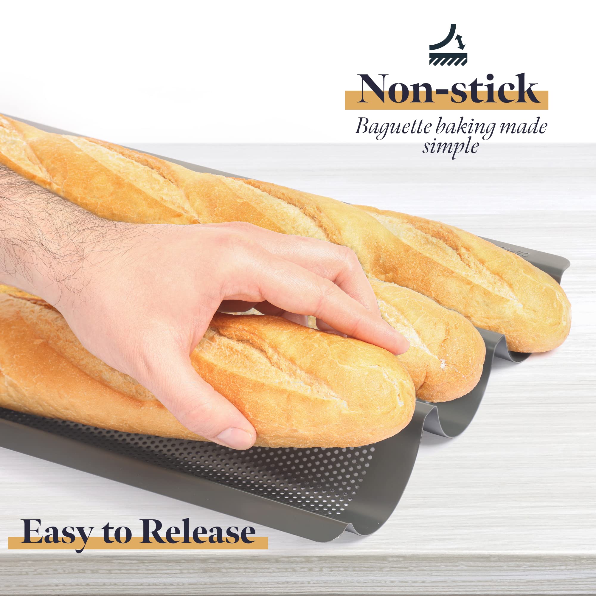 Non-Stick Perforated Baguette Baking Pan - French Bread Loaf Tray for 3 Perfect Baguettes - Premium Baking Supplies for Home & Professional Bakers - Ideal for French Bread, Sandwiches & Dinner Rolls