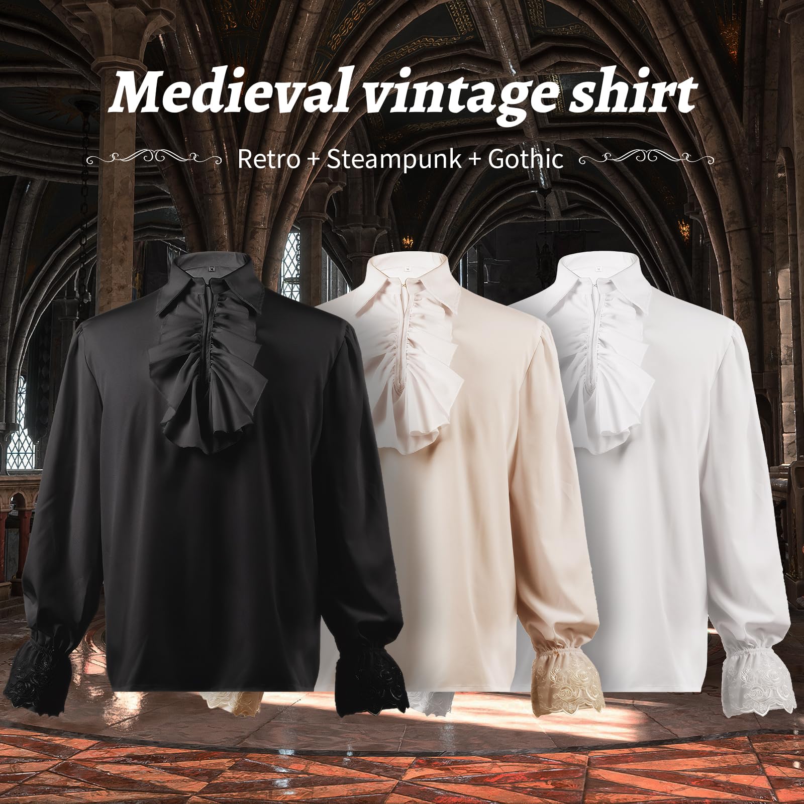 Medieval Ruffle Shirts for Men - Victorian Steampunk Gothic Pirate Shirts - Renaissance Costume Top for Halloween, Cosplay, LARP & Theater Performances