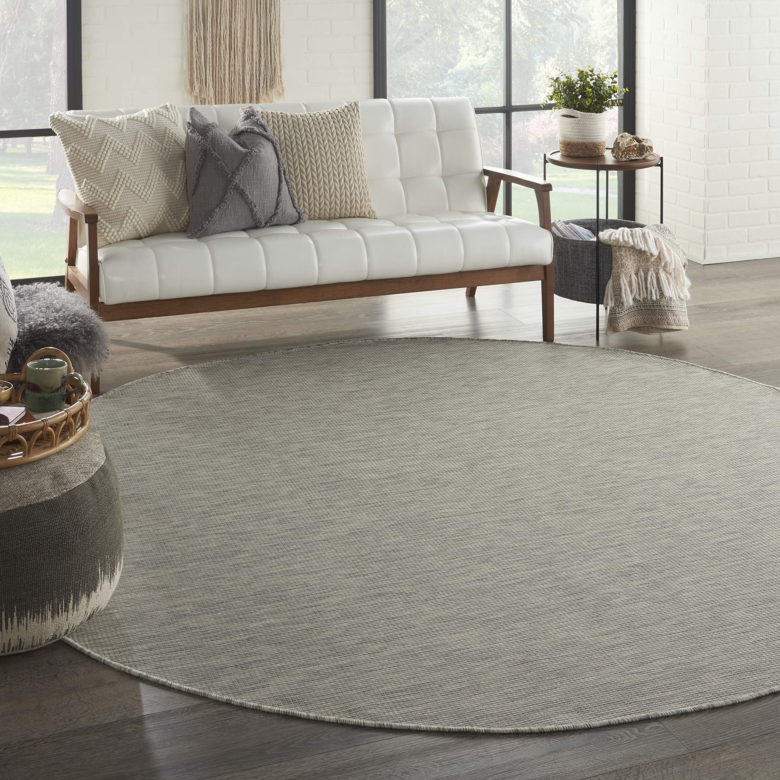 Nourison Positano 8' Round Light Grey Indoor/Outdoor Area Rug - Easy Clean, Non-Shedding for Bedroom, Living Room & Dining Room | Perfect for Backyard, Deck & Patio Use