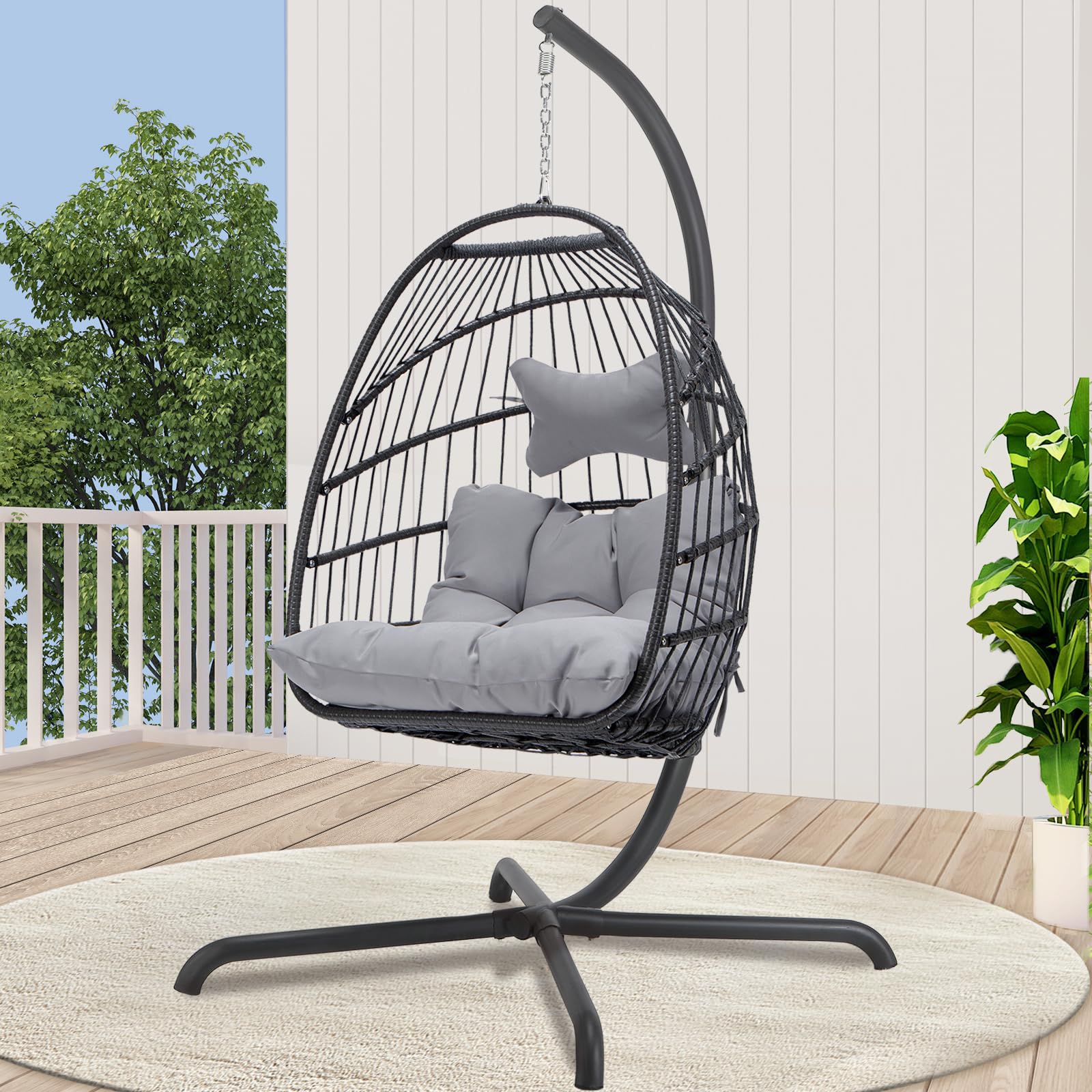 BULEXYARD Swing Egg Chair with Stand - Indoor/Outdoor Wicker Rattan Hanging Chair with UV Resistant Cushions, 350lbs Weight Capacity - Perfect for Bedroom, Balcony, Patio, Garden & Backyard Relaxation (1 Seat, Light Grey)