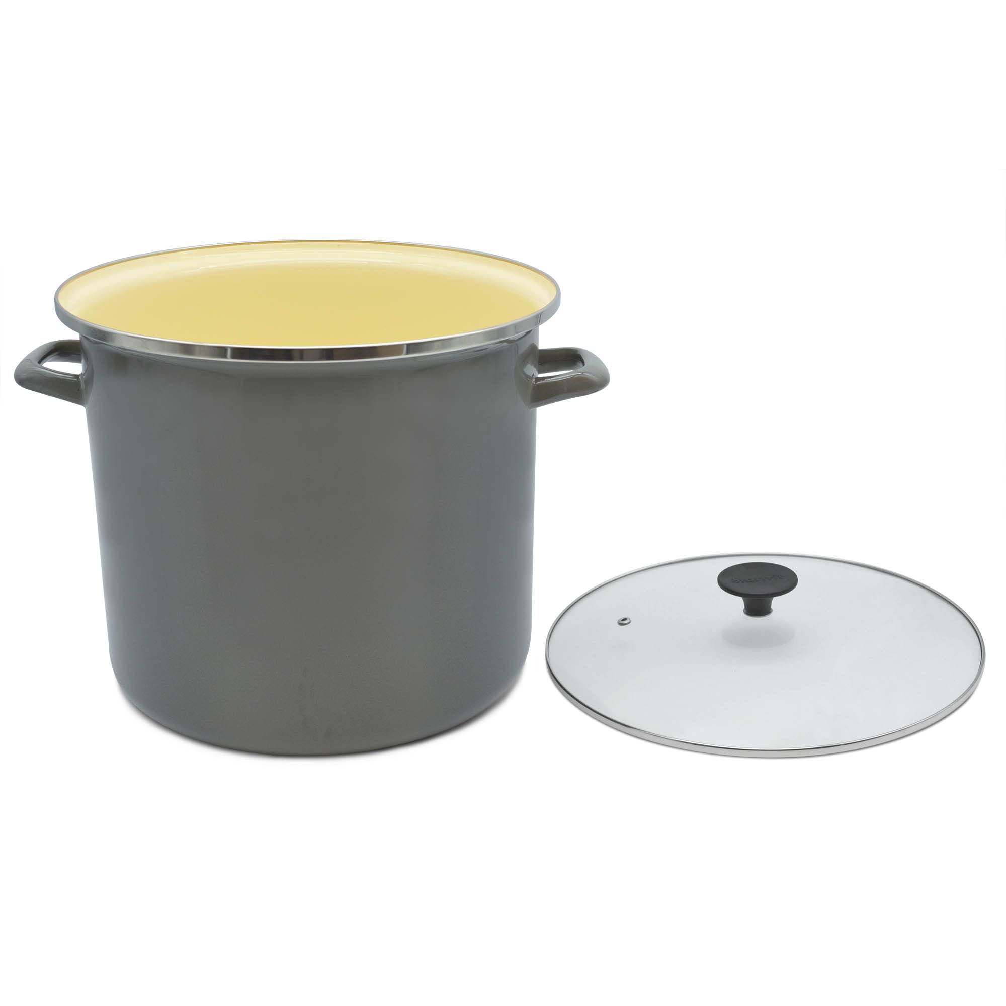 Premium 15L (16Qt) Carbon Steel Stockpot with Tempered Glass Lid - Enameled Exterior, Oven & Stove Safe - PFOA-Free, Easy-Clean Gray Dutch Oven for Soups, Stews & Family Cooking