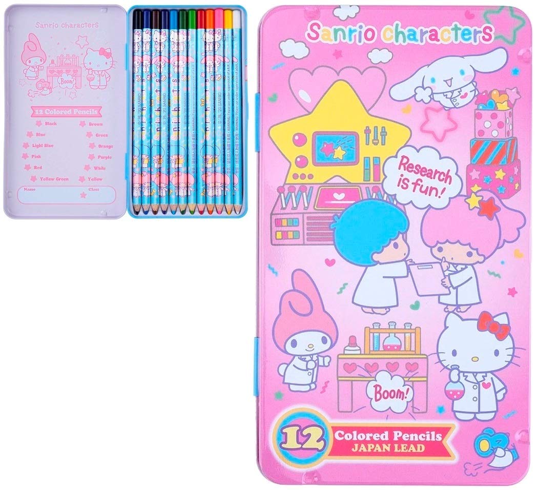 Ellon Kawaii Kitty Cat & Friends 12-Color Japanese Lead Colored Pencils in Metal Tin Box - 12 Count with Mixed Characters - Perfect for Art, Drawing, School & Gift Giving