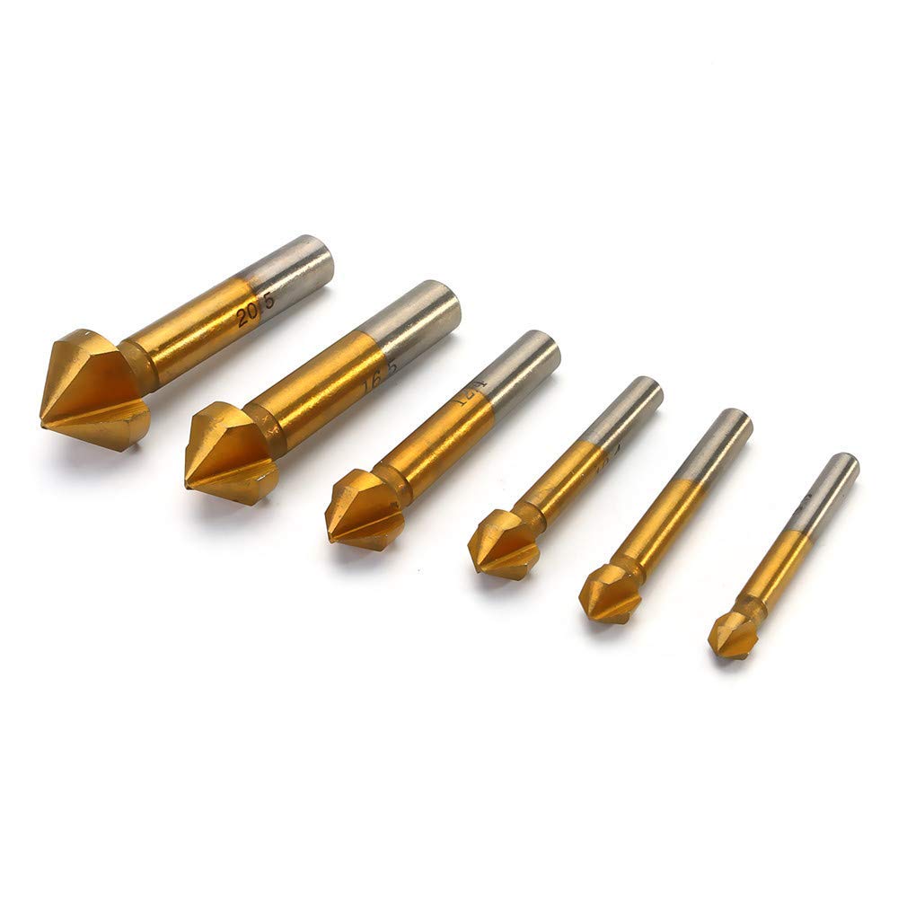 6-Piece Titanium 3 Flute 90 Degree Chamfer End Mill Cutter Set - Countersink Drill Bits for Metal, Wood & Plastic - Perfect for CNC Milling, DIY Projects & Professional Machining