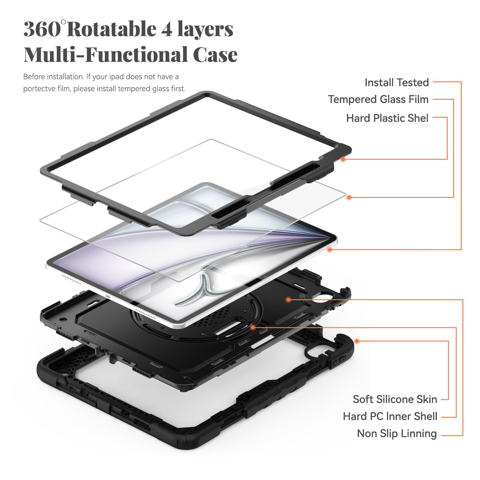 BLOSOMEET Rugged Protective Case for iPad Air 13 Inch (M3 2025 & M2 2024 Models) - Shockproof Cover with Built-in Stand, Pencil Holder & Shoulder Strap | Includes Tempered Glass Screen Protector | Perfect for Travel, Work & Outdoor Use (Black)