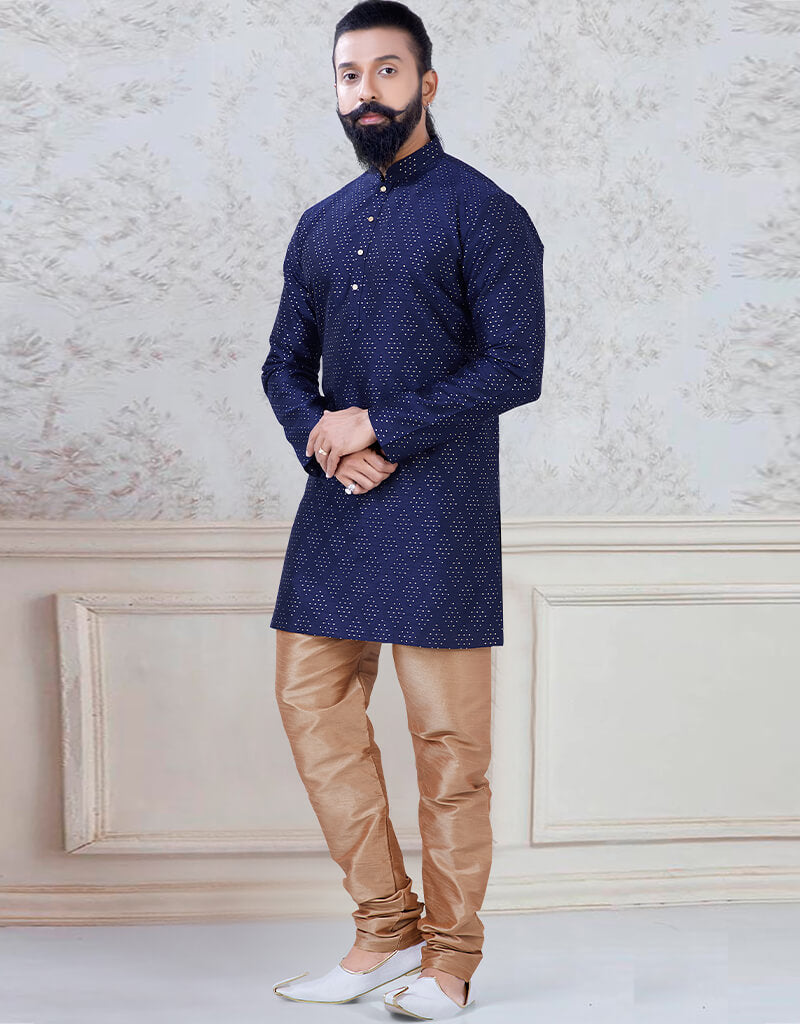 Blue Silk Kurta with Zari Embroidery and Churidar - Elegant Indian Ethnic Outfit for Festivals, Weddings & Special Occasions