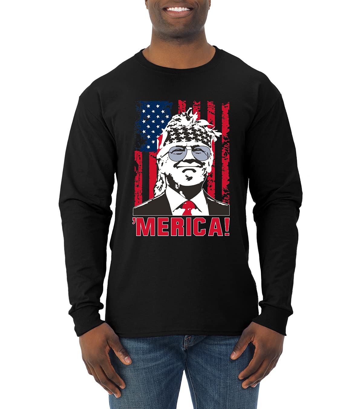 Funny Vintage Trump USA Flag Sleeve Print Political Men's Long Sleeve Shirt - Ultra MAGA Patriotic Tee for Conservative Supporters, Rally Events & Political Satire