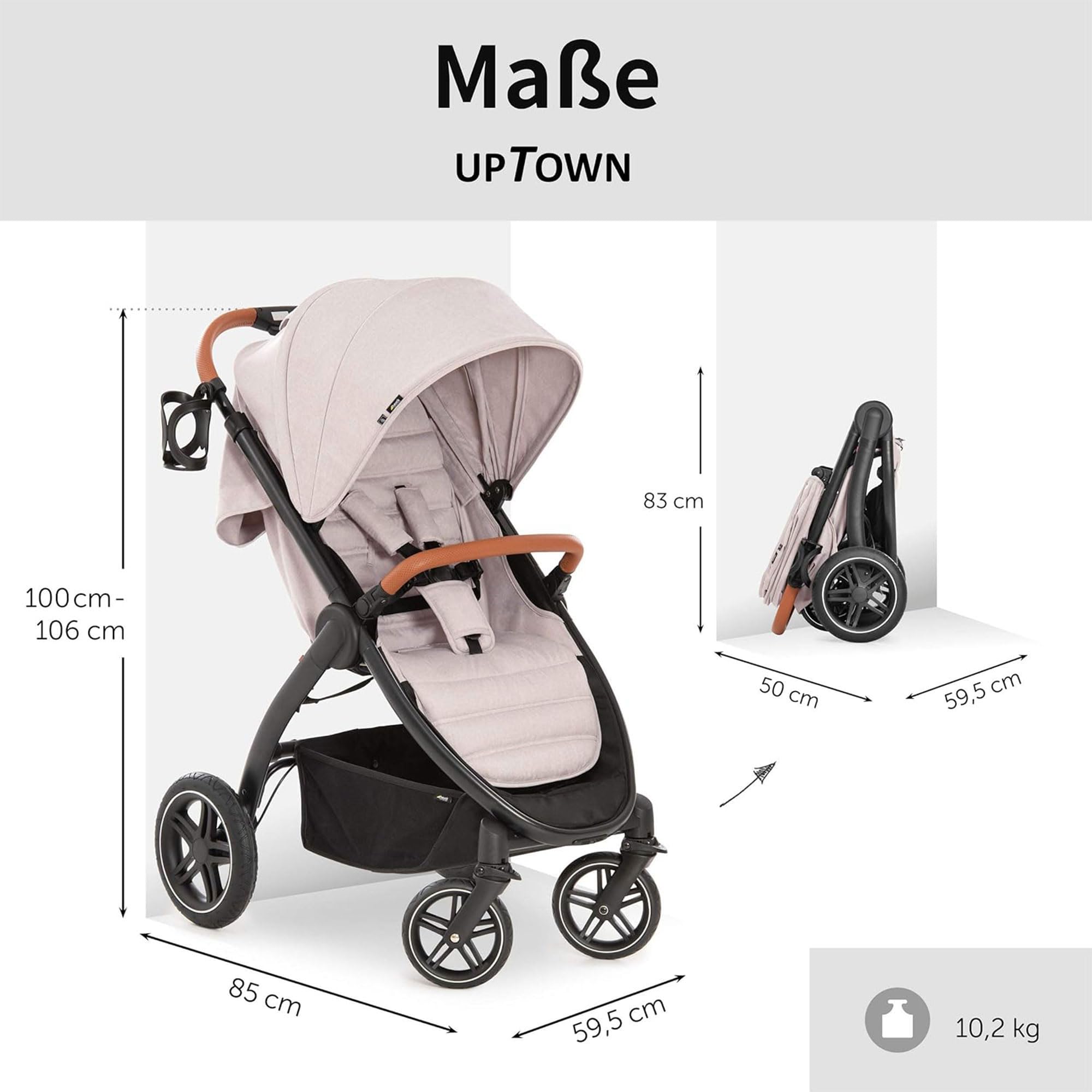 Hauck Uptown Deluxe Stroller - Lightweight Compact Foldable Baby Stroller with One-Hand Fold, Adjustable Reclining Seat & Handle, Cup Holder, Supports Up to 55 lbs - Perfect for Travel, Shopping & Daily Walks (Melange Beige)