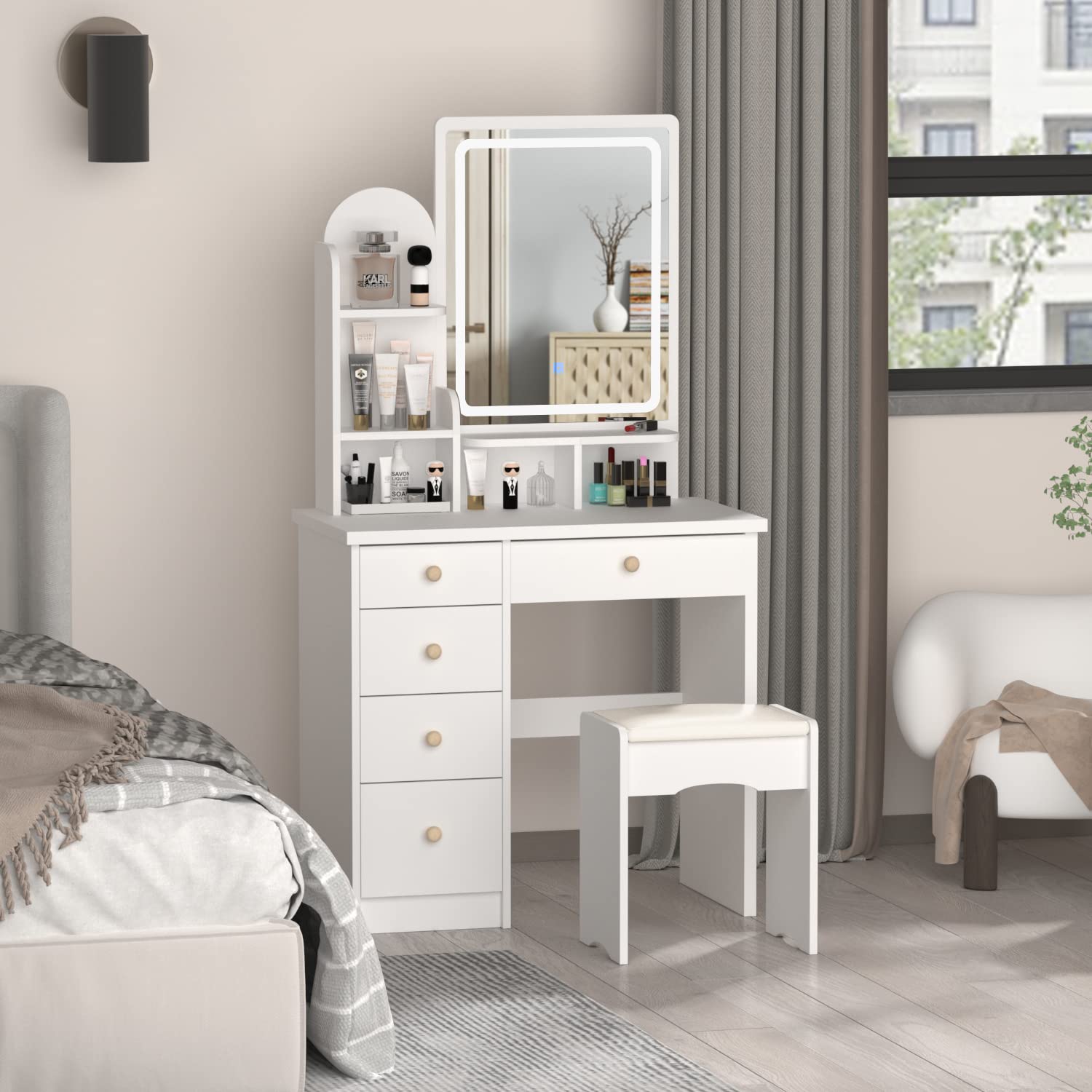 FUFU&GAGA Lighted Vanity Set with Mirror & Stool - 5 Drawers Dresser for Makeup & Dressing