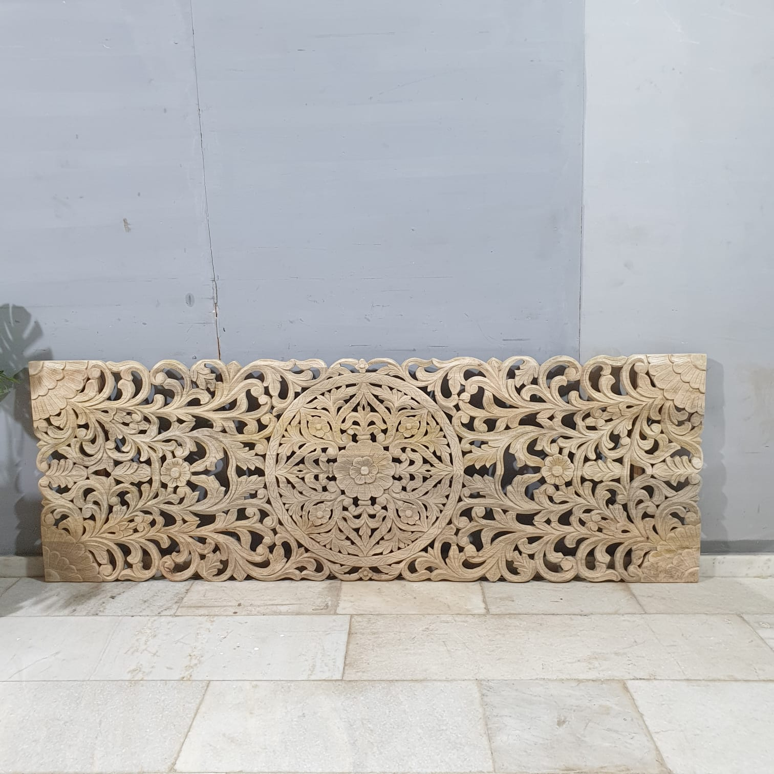 Hand Carved Indian Solid Wood Bed Panel - Floral Design, 225x77 cm, Natural Finish - Perfect for Master Bedroom, Guest Room, or Bohemian Home Decor