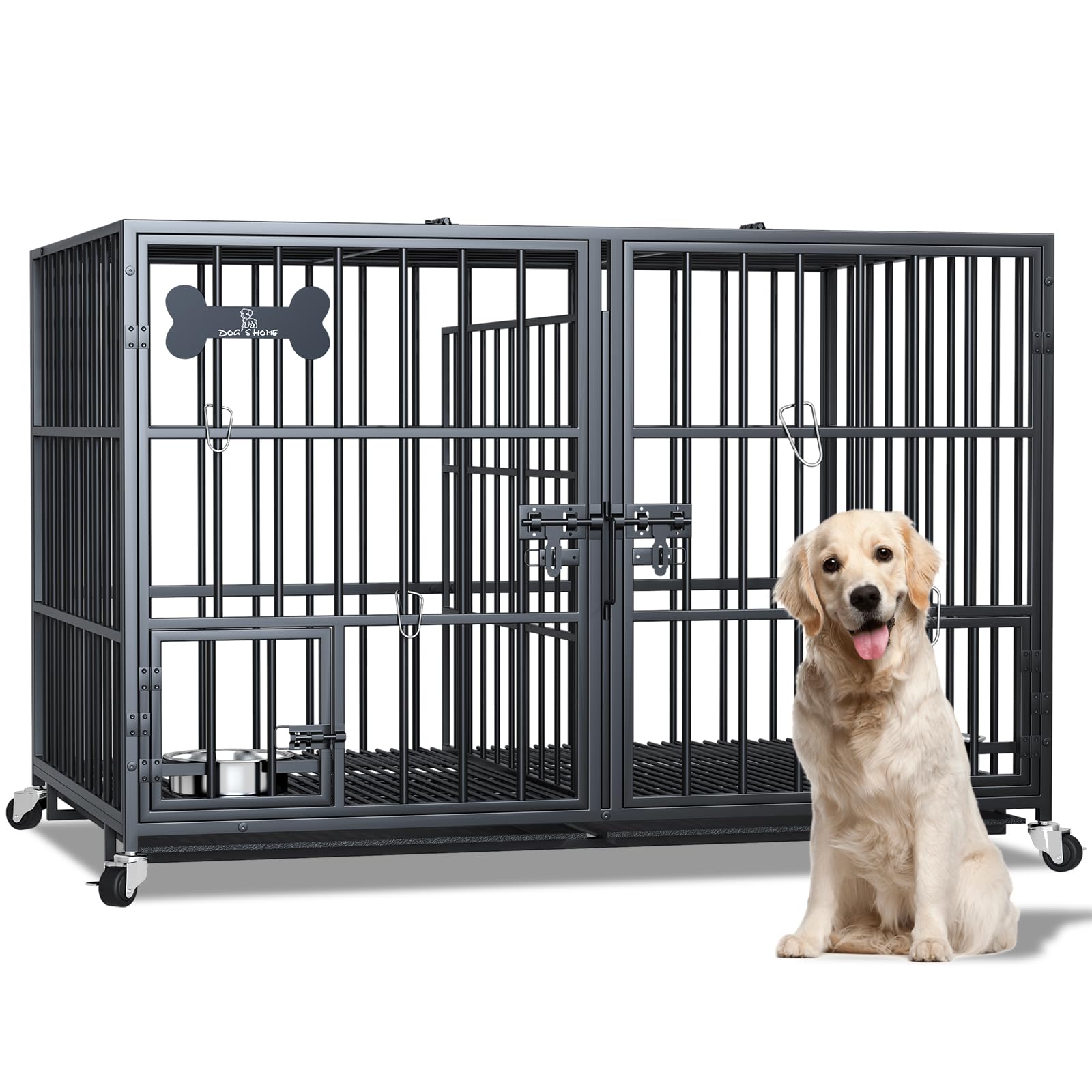 Dosker 42 Inch Heavy Duty Metal Dog Crate Cage - Escape Proof Kennel with Divider for 2 Large Dogs, All Metal Construction with Wheels, Floor Grid & Removable Tray - Indoor/Outdoor Pet Crate for Home, Travel & Training