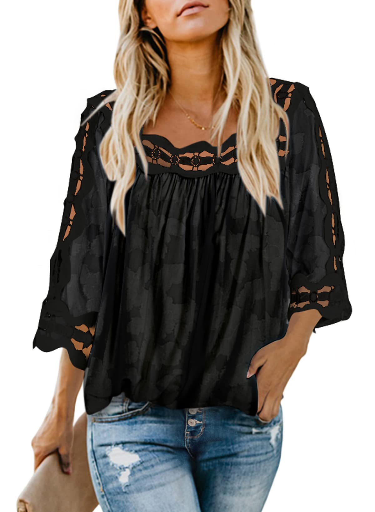 Dokotoo Women's 3/4 Sleeve Lace Crochet Blouse - Flowy Square Neck Solid Color Summer Top for Casual Wear, Date Night & Office Outfits