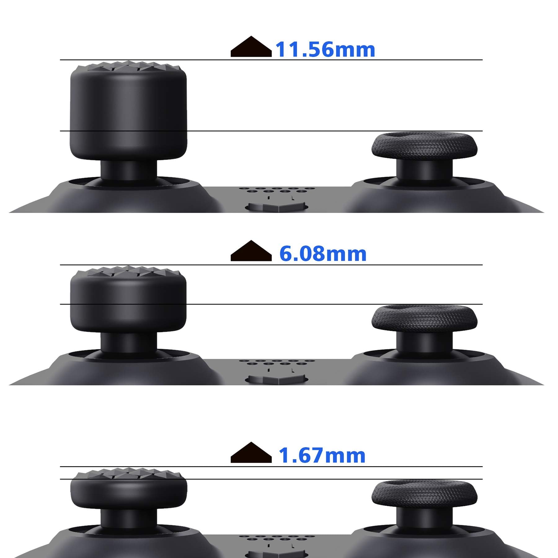 PlayVital Black Ergonomic Thumb Grips for PS5, PS4, Xbox Series X/S, Xbox One, Switch Pro Controller - 3 Height Adjustable Convex & Concave Caps with Diamond Texture & Bomb Design - Perfect for Gaming, FPS, Racing & Long Sessions