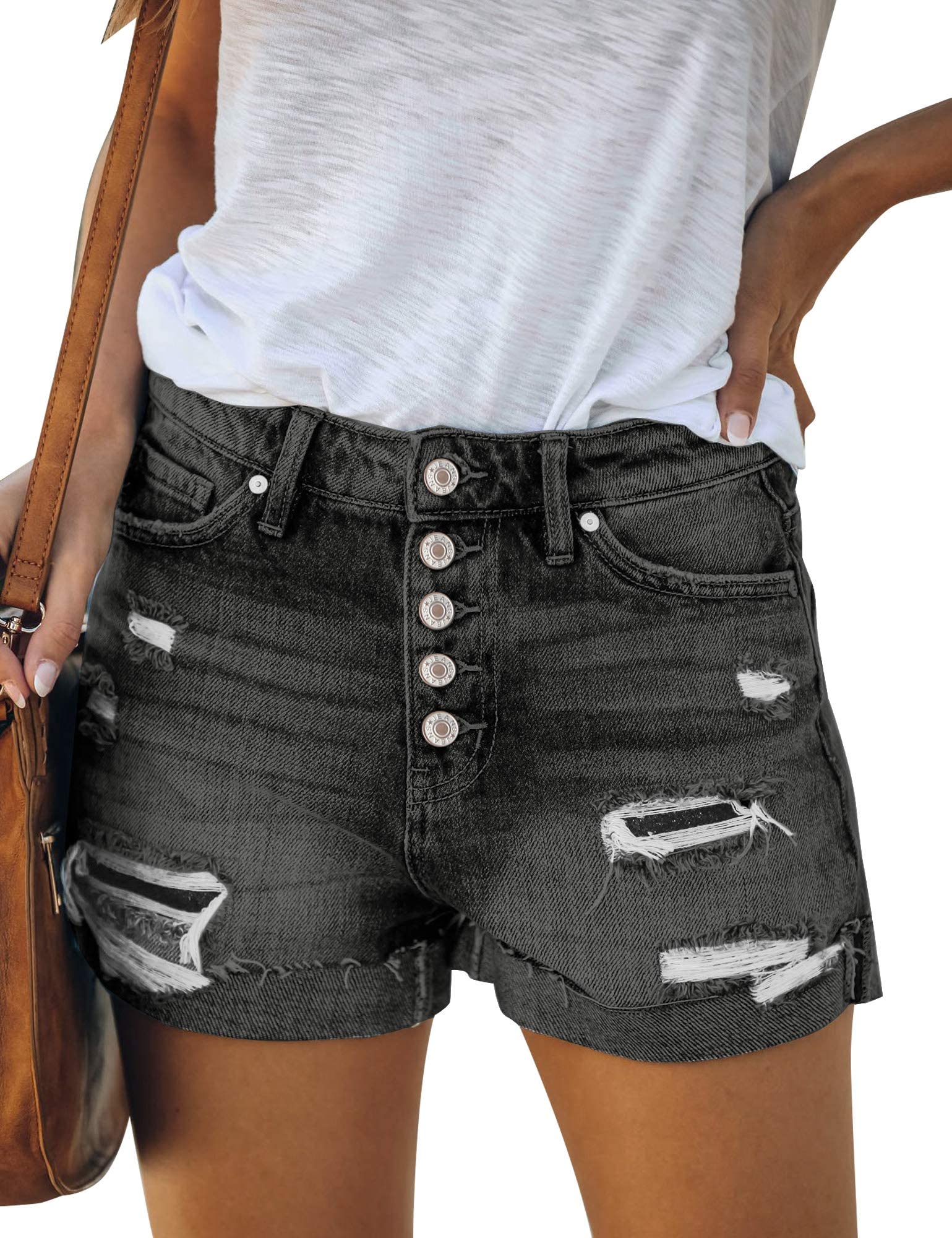 LookbookStore Women's High Waisted Denim Shorts with Button Details & Cuffed Hem | Summer Fashion Staple for Casual Outings & Beach Vacations