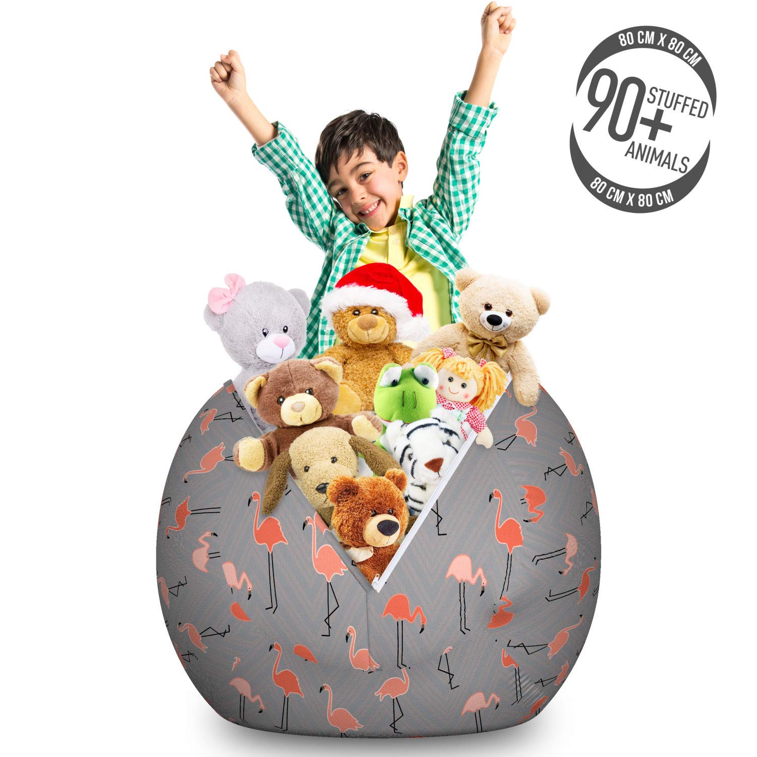 Ambesonne Flamingo Toy Storage Bag Chair - Large Washable Stuffed Animal Organizer with Tropical Birds & Chevron Zigzag Design in Salmon Pale Grey - Perfect for Kids' Room, Nursery, and Playroom Organization