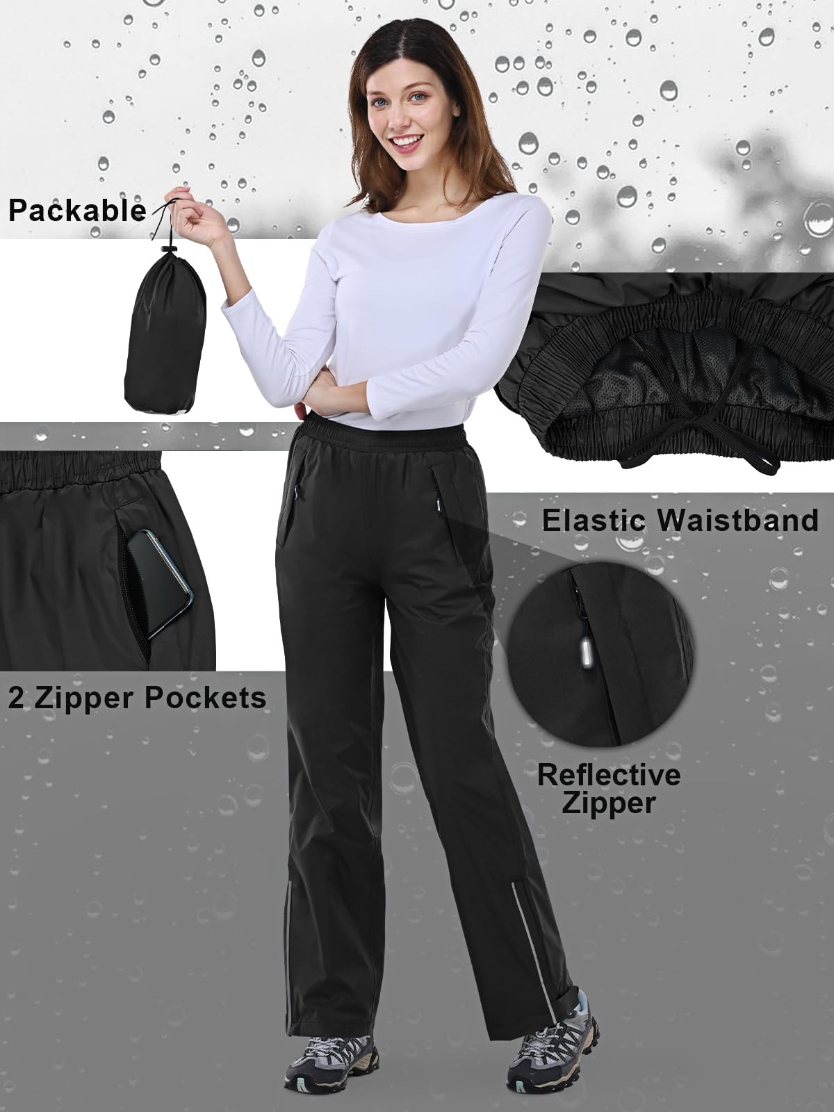 Outdoor Ventures Women's Waterproof Hiking Rain Pants - Packable, Windproof & Breathable for Outdoor Adventures, Camping & Travel
