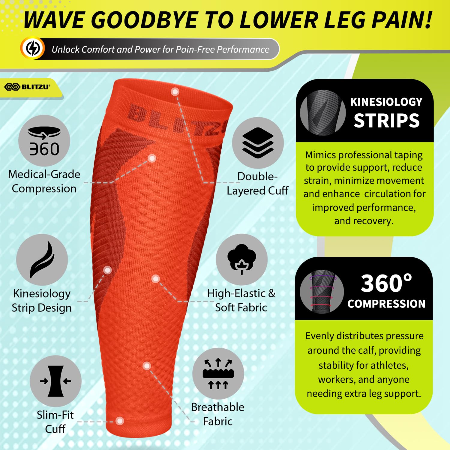 BLITZU Calf Compression Sleeve for Men & Women - Footless Compression Socks for Running, Shin Splints Pain Relief & Muscle Support - Ideal for Runners, Athletes & Workout Recovery