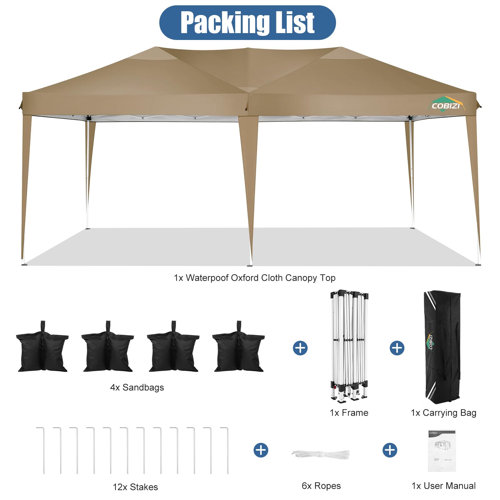 COBIZI 10x20ft Pop Up Canopy Tent - Waterproof Instant Shelter for Outdoor Events, Weddings & Commercial Use | Portable Gazebo for Camping, Backyard Parties & Car Protection (Khaki)
