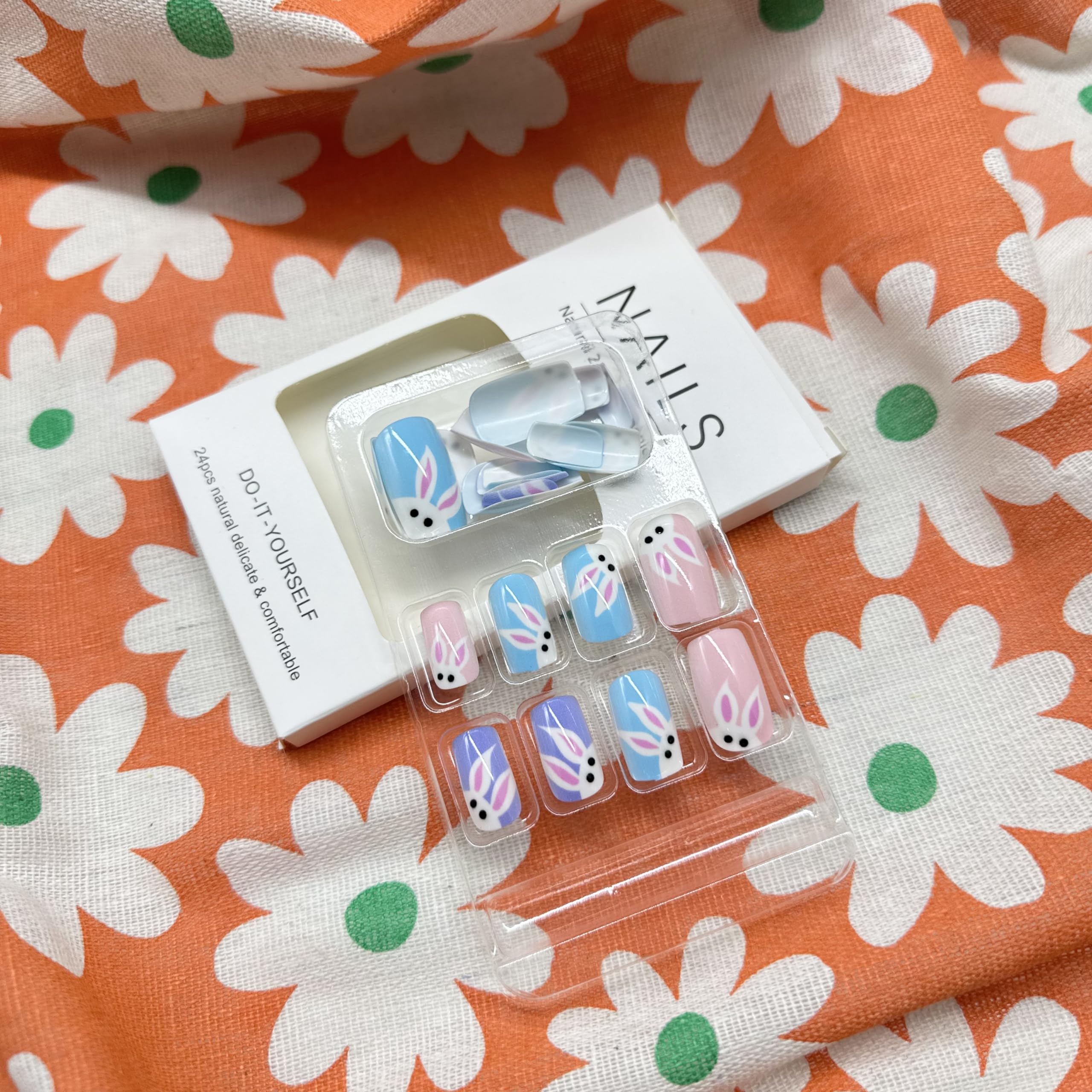 OCOUYVD Easter Press-On Nails - Medium Length Glossy Acrylic Fake Nails with Cute Bunny Designs | Colorful Stick-On Nails for Easter Party, Spring Festival & Special Occasions