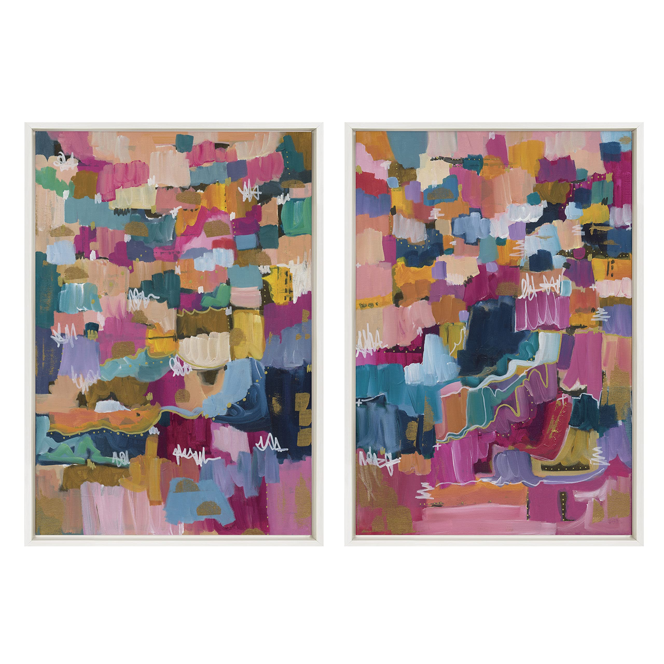 Kate & Laurel Sylvie Applause Framed Canvas Wall Art Set by Leah Nadeau - 2-Piece Abstract Wall Decor (23x33 Inches, White Frame, Multicolor) - Perfect for Living Room, Bedroom & Office Decor