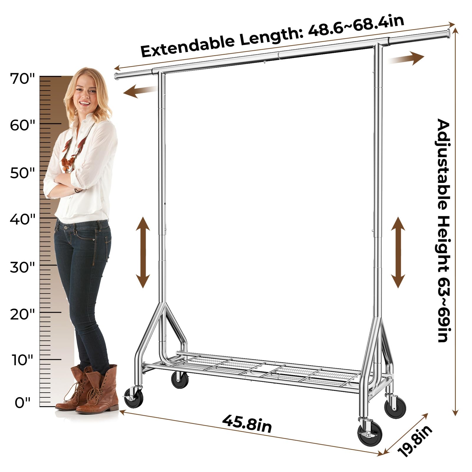 Heavy Duty Garment Rack 450 lbs Capacity - Industrial Strength Metal Clothing Rack with Wheels & Shelves - Portable Wardrobe Storage for Closet, Laundry Room or Retail Store - Silver