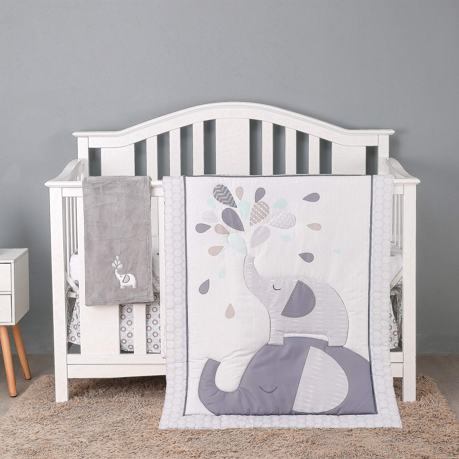 4-Piece Elephant Nursery Bedding Set for Baby Boys - Soft Microfiber Crib Comforter, Fitted Sheet, Dust Ruffle & Blanket in Grey with Embroidered Design | Perfect for Toddler Bedrooms, Baby Showers & Cozy Nursery Decor