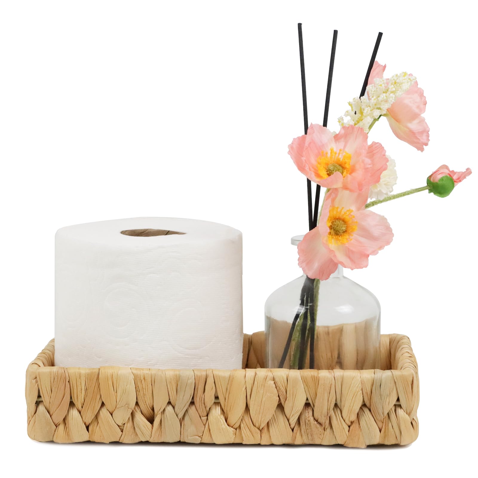 10 Inch Water Hyacinth Bathroom Tray - Rattan Wicker Vanity Organizer for Toilet Tank & Countertop | Small Decorative Basket for Bathroom Decor, Coffee Table & Home Organization