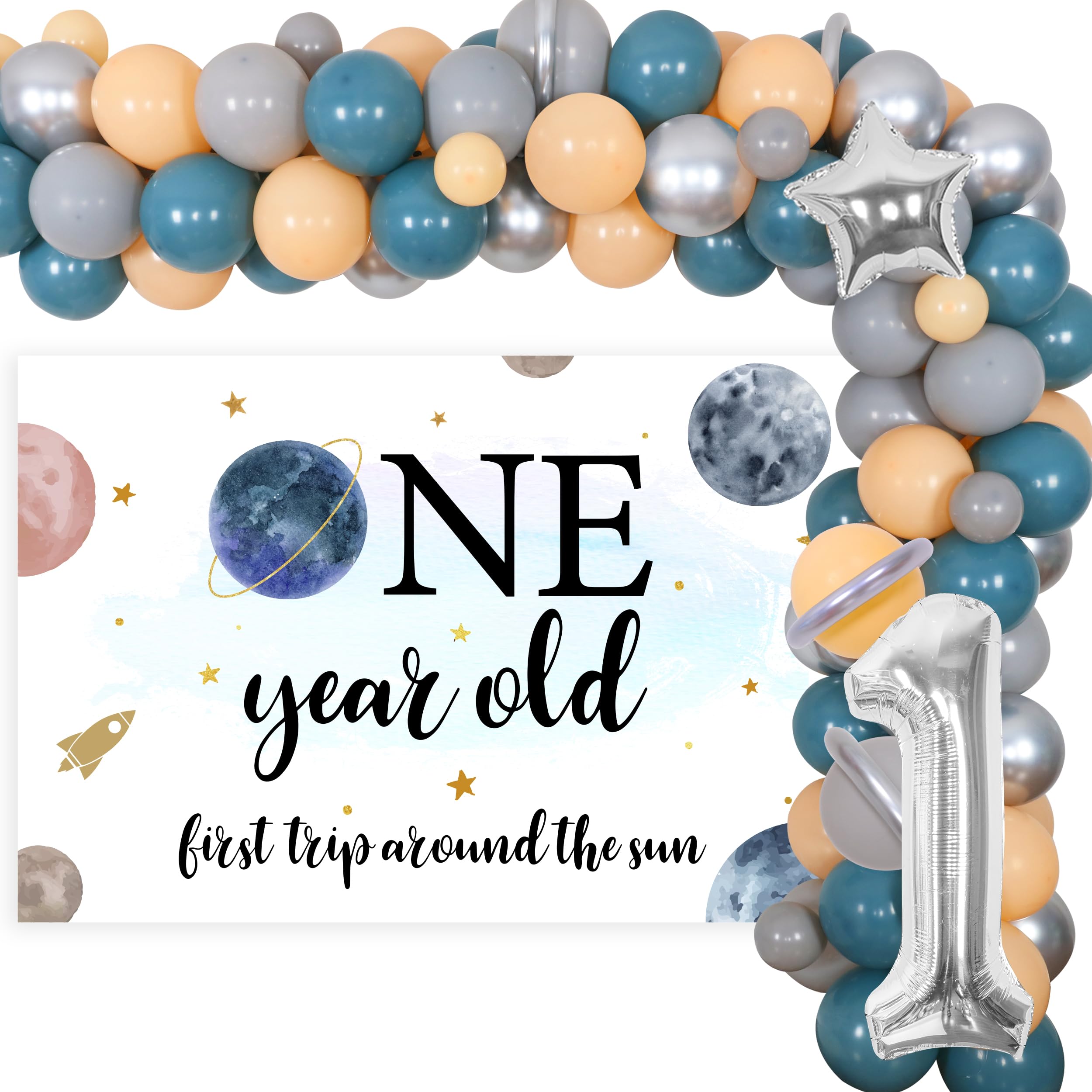 Outer Space Themed 1st Birthday Party Decorations for Boys - First Trip Around the Sun Balloon Garland Arch, One Year Old Backdrop, Planet Star Astronaut Foil Balloons | Perfect for Baby Boy's First Birthday, Space-Themed Nursery Decor, and Cosmic Celebration Parties