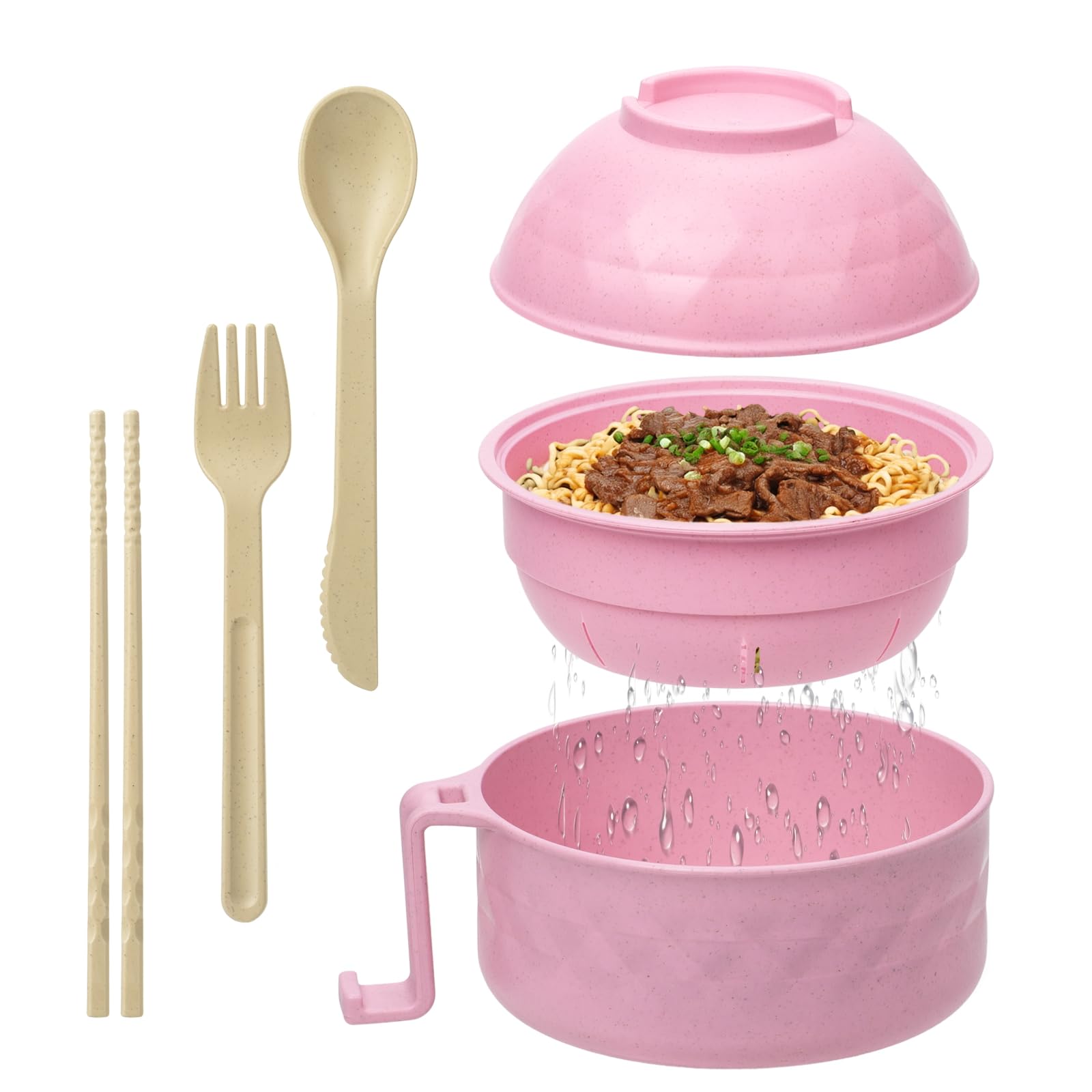32oz Microwave Ramen Cooker Bowl Set with Lid - Portable Noodle Soup Bowl for Home, Office & Dorm - Perfect College Gift (Pink) | Quick Meals, Instant Noodles & Microwave Cooking