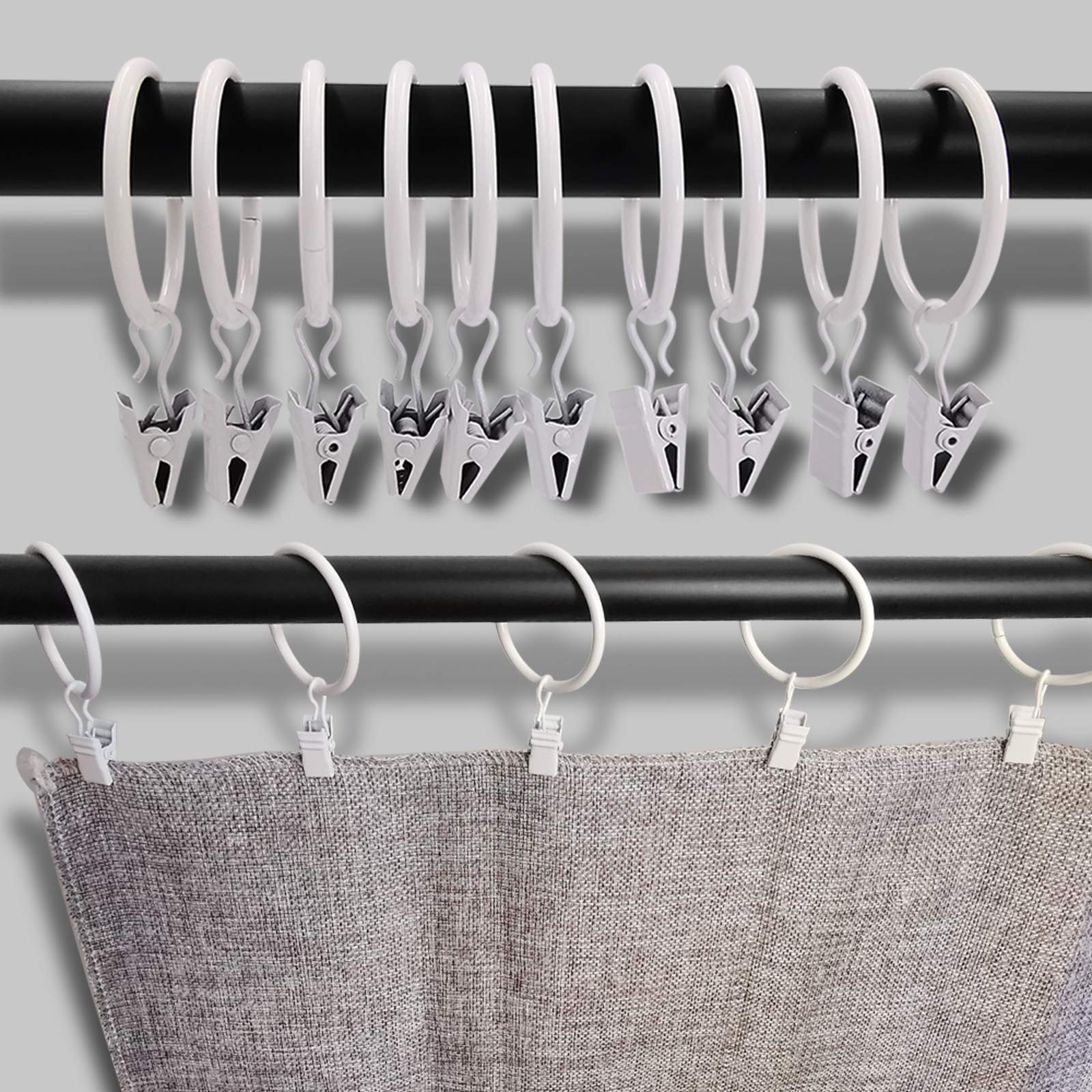 40 Pack White Metal Curtain Rings with Clips - 1.5 Inch Interior Diameter Drapery Hooks for Hanging Drapes, Bows & Curtain Rods - Perfect for Living Room, Bedroom & Window Decor